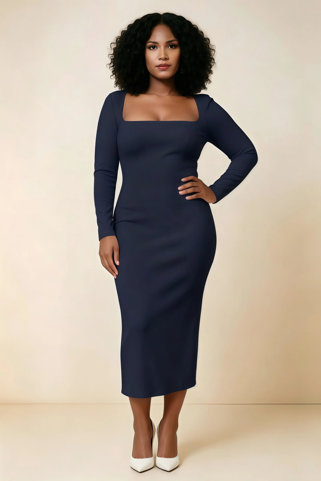 Antoinette Navy Square Neck Long Sleeve Bodycon Midi Dress