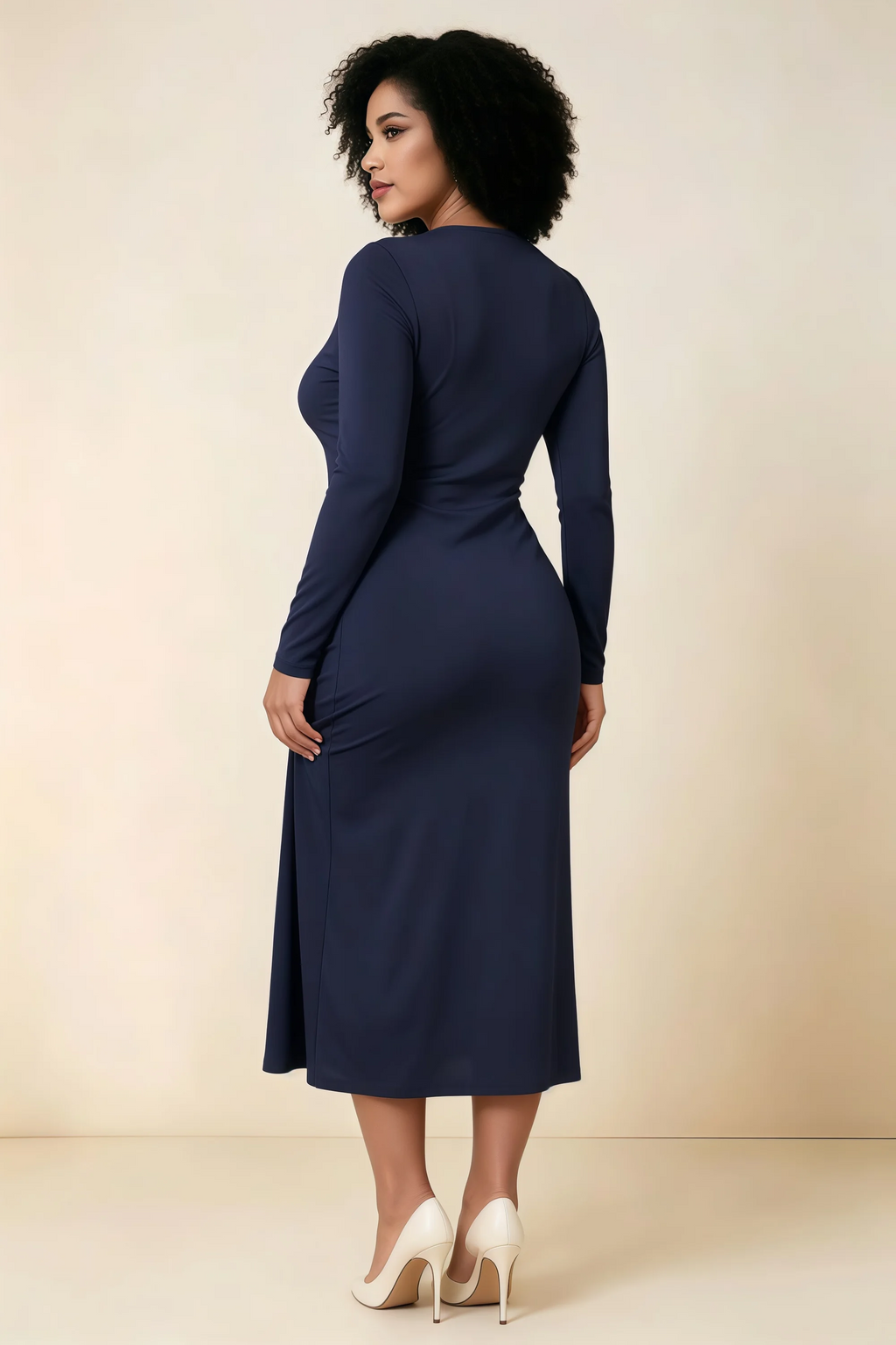 Antoinette Navy Square Neck Long Sleeve Bodycon Midi Dress