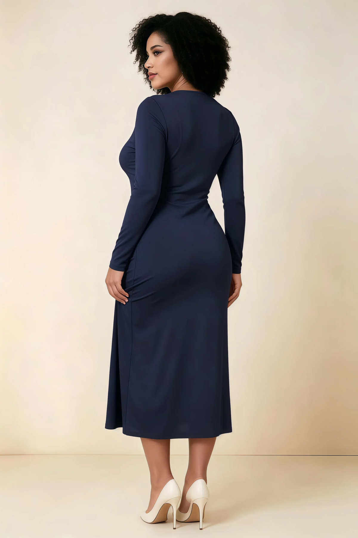Antoinette Navy Square Neck Long Sleeve Bodycon Midi Dress