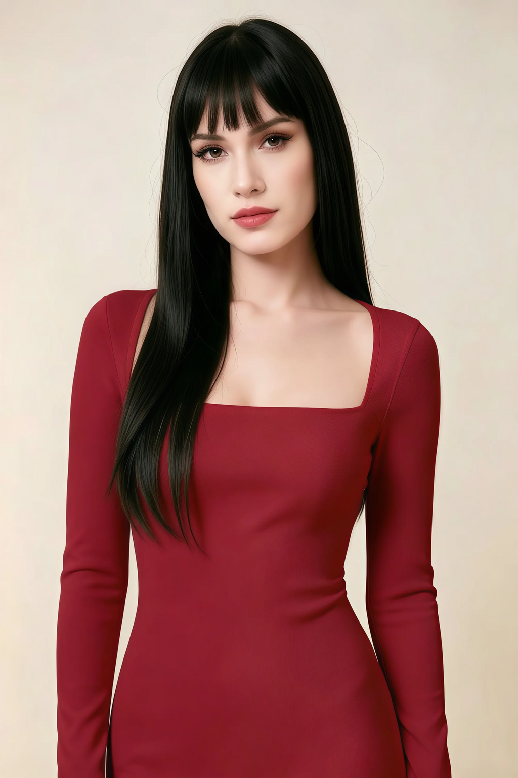 Antoinette Red Square Neck Long Sleeve Bodycon Midi Dress