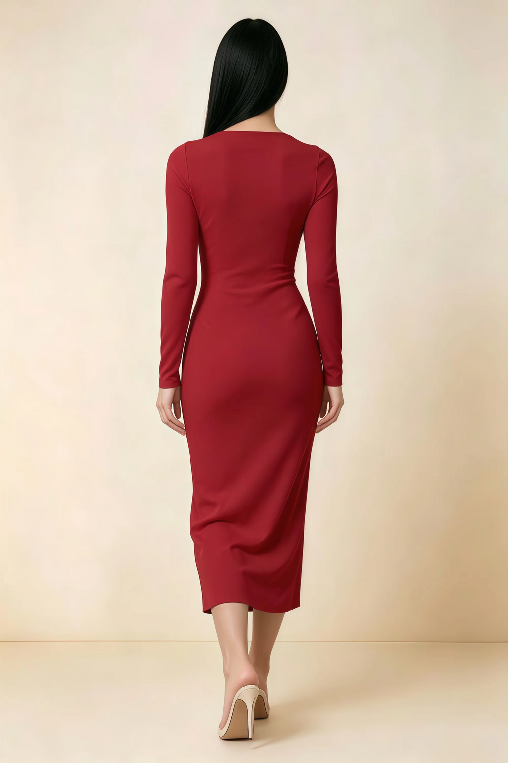 Antoinette Red Square Neck Long Sleeve Bodycon Midi Dress