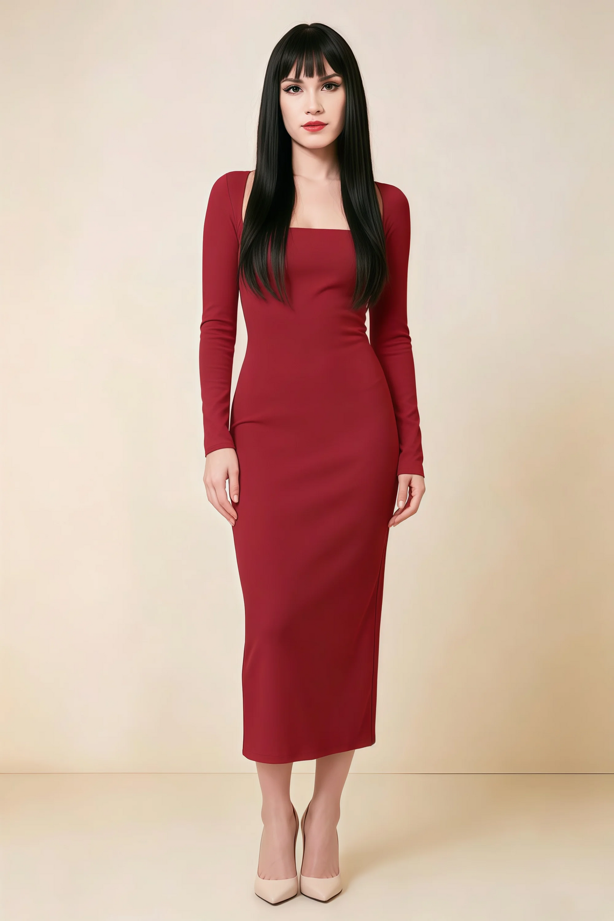 Antoinette Red Square Neck Long Sleeve Bodycon Midi Dress
