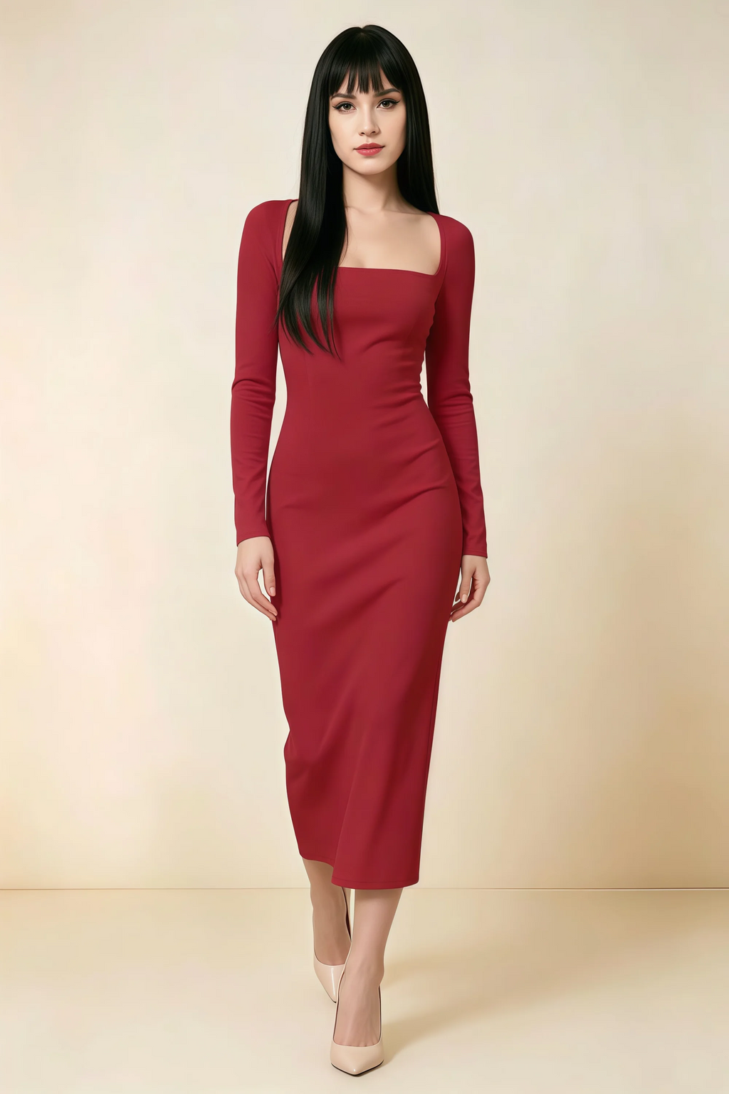 Antoinette Red Square Neck Long Sleeve Bodycon Midi Dress