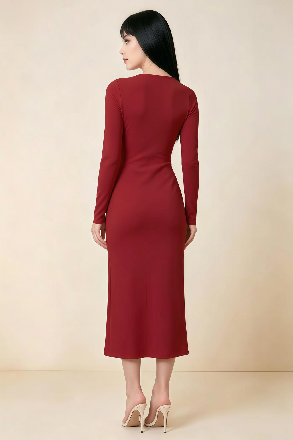 Antoinette Red Square Neck Long Sleeve Bodycon Midi Dress