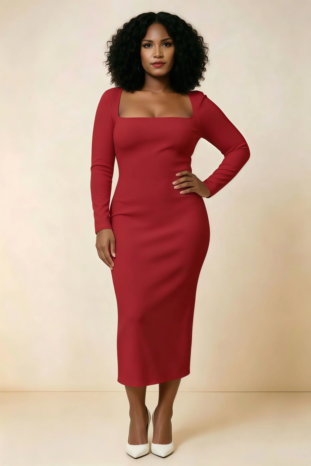 Antoinette Red Square Neck Long Sleeve Bodycon Midi Dress