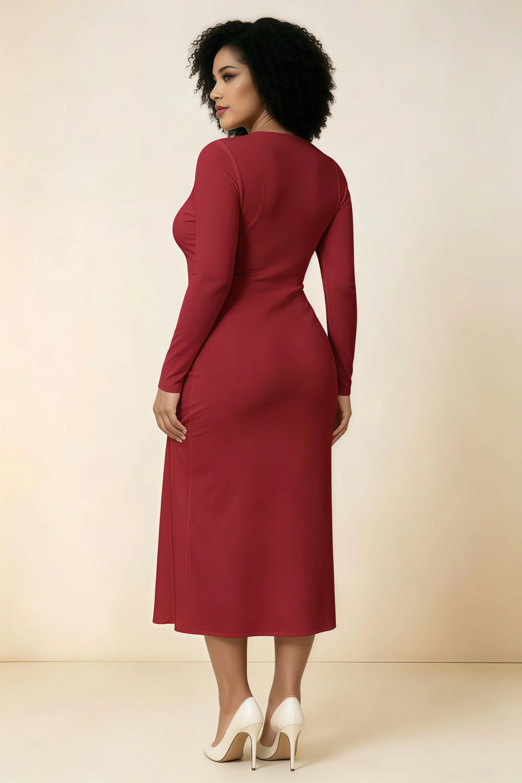 Antoinette Red Square Neck Long Sleeve Bodycon Midi Dress