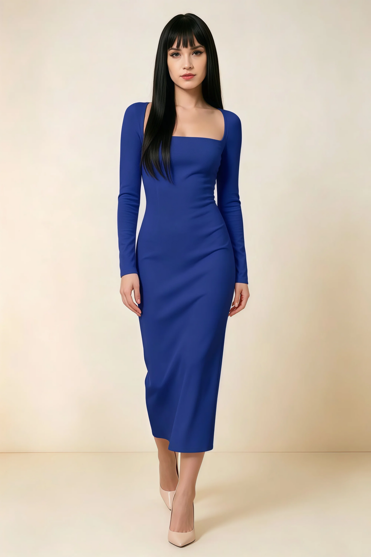Antoinette Royal Blue Square Neck Long Sleeve Bodycon Midi Dress