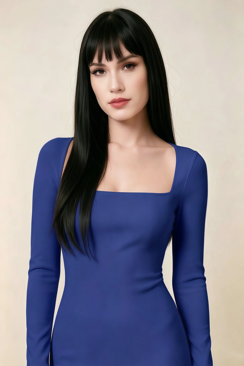 Antoinette Royal Blue Square Neck Long Sleeve Bodycon Midi Dress