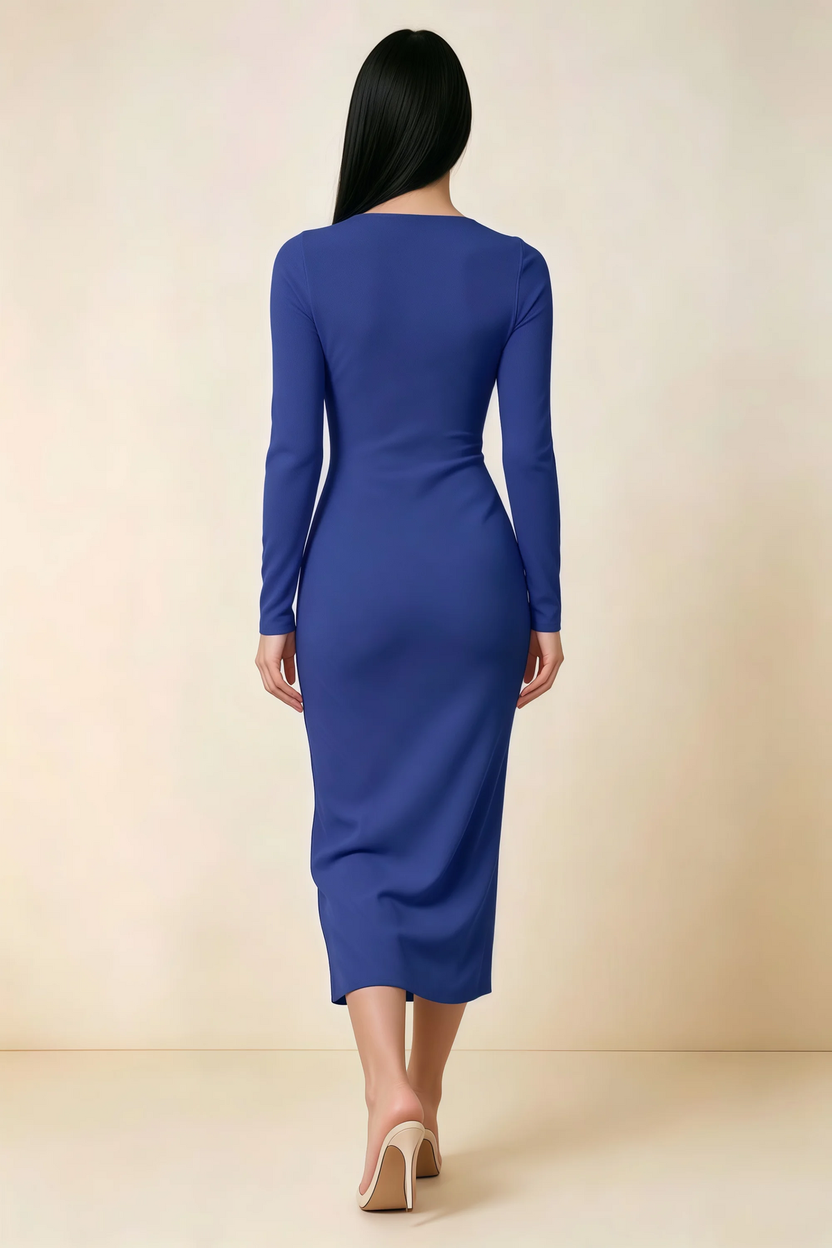 Antoinette Royal Blue Square Neck Long Sleeve Bodycon Midi Dress