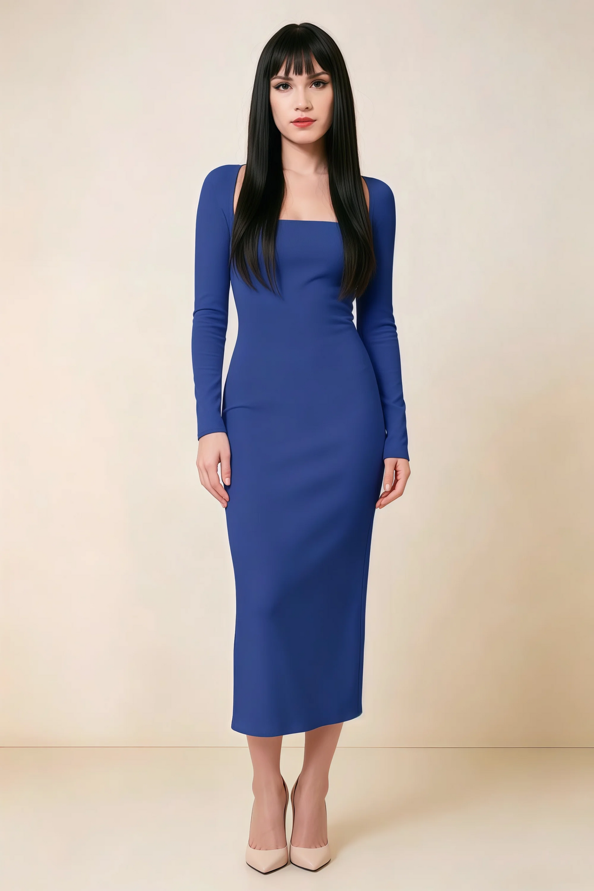 Antoinette Royal Blue Square Neck Long Sleeve Bodycon Midi Dress