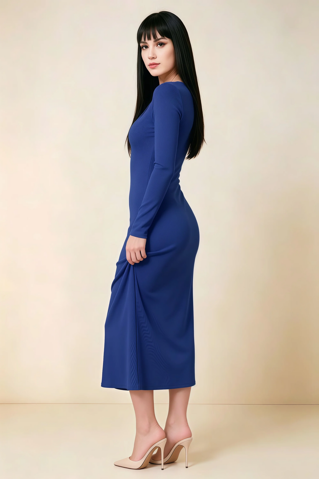 Antoinette Royal Blue Square Neck Long Sleeve Bodycon Midi Dress