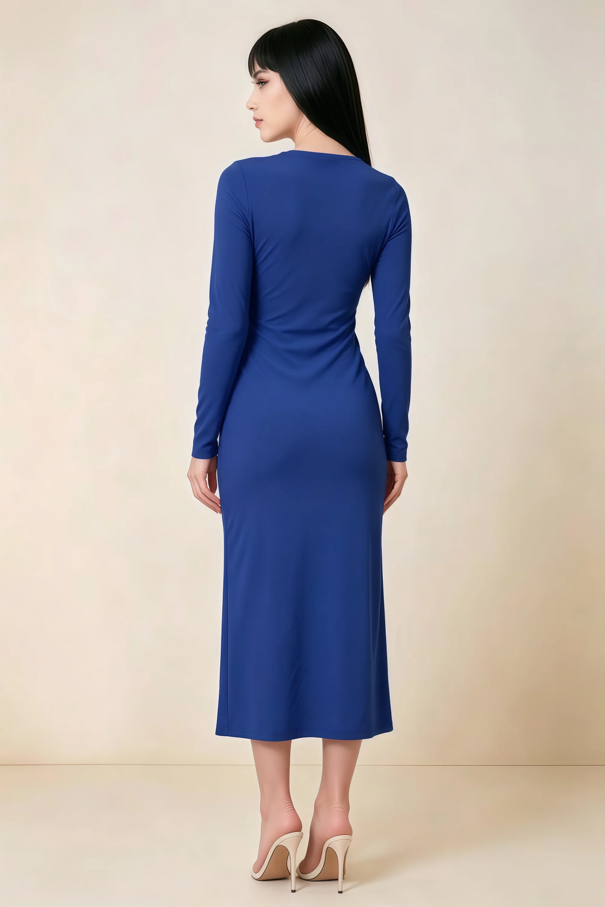 Antoinette Royal Blue Square Neck Long Sleeve Bodycon Midi Dress