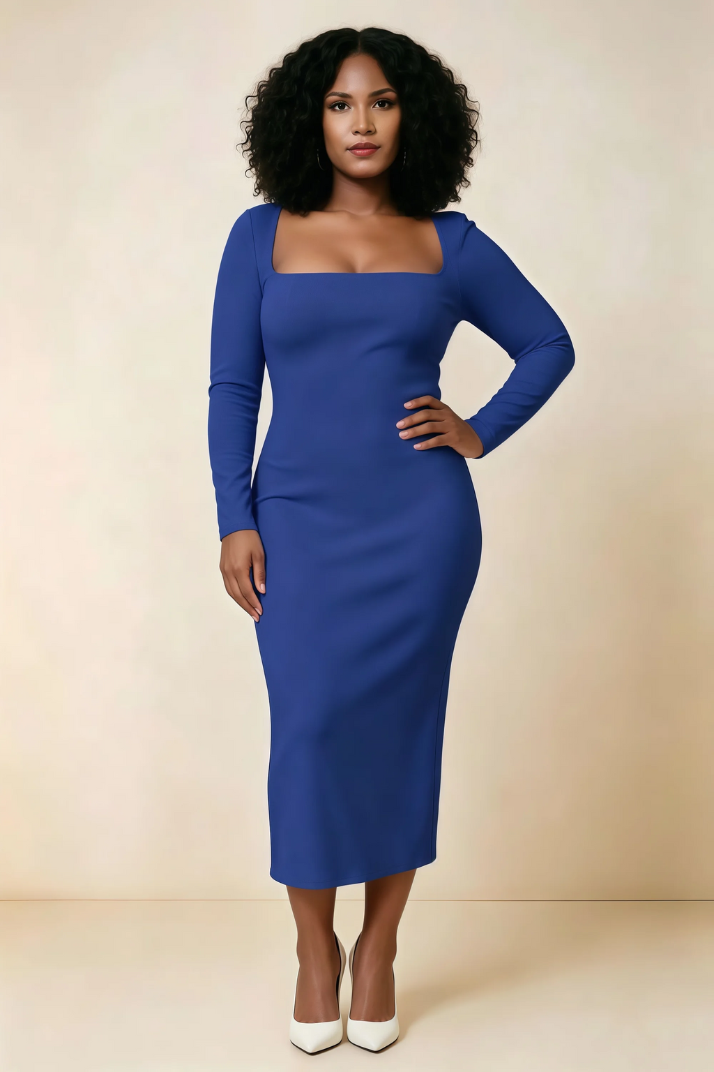 Antoinette Royal Blue Square Neck Long Sleeve Bodycon Midi Dress