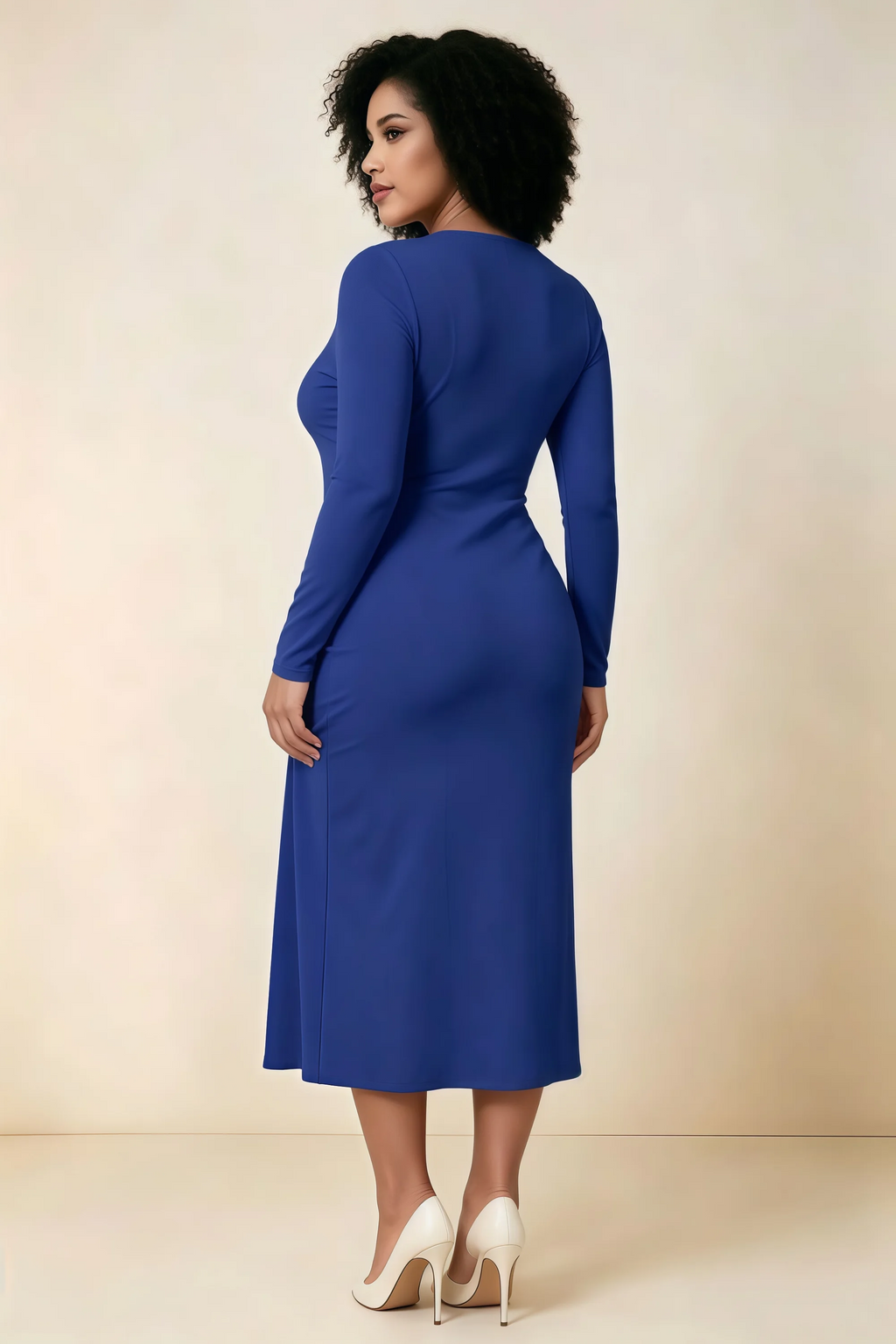 Antoinette Royal Blue Square Neck Long Sleeve Bodycon Midi Dress