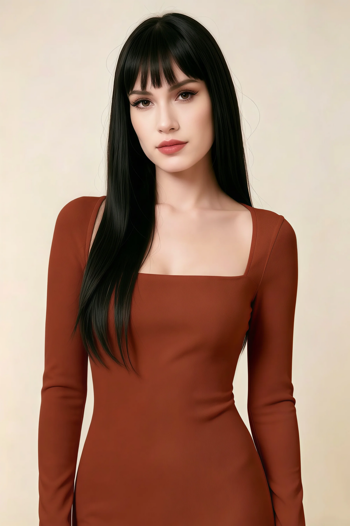 Antoinette Rust Square Neck Long Sleeve Bodycon Midi Dress