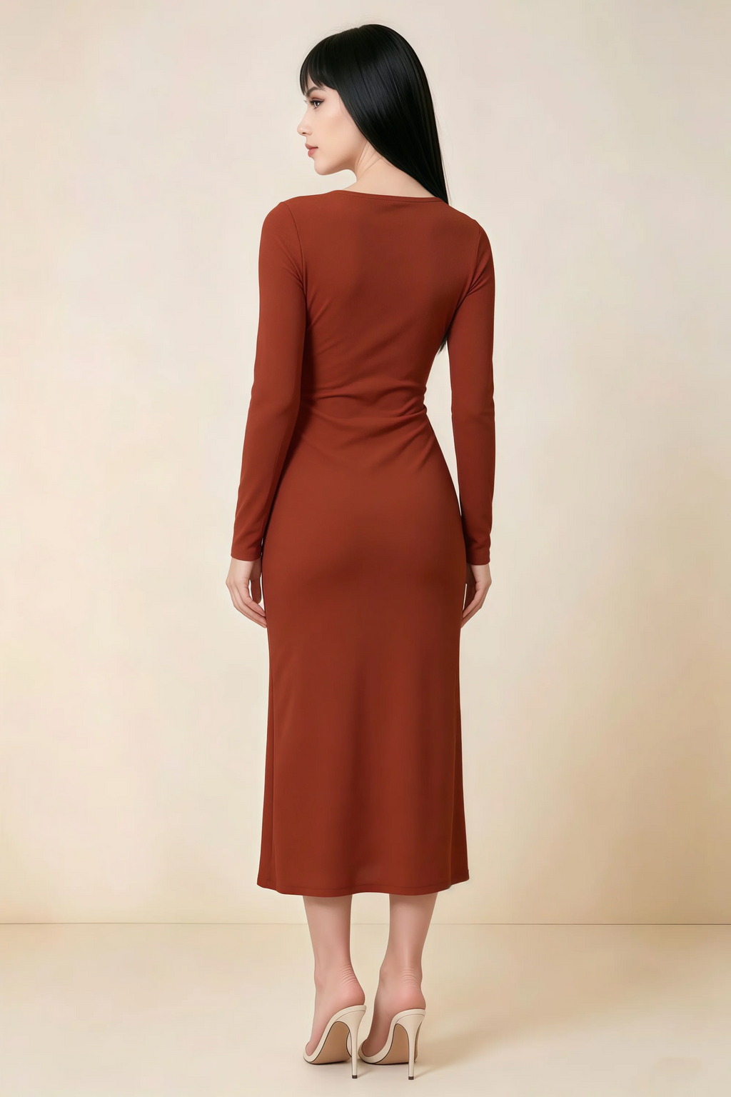 Antoinette Rust Square Neck Long Sleeve Bodycon Midi Dress