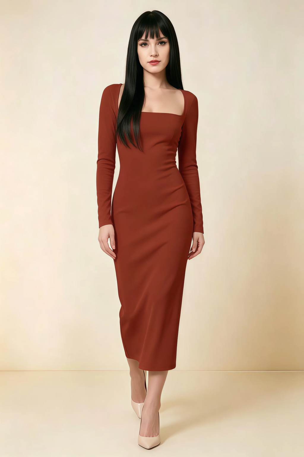Antoinette Rust Square Neck Long Sleeve Bodycon Midi Dress