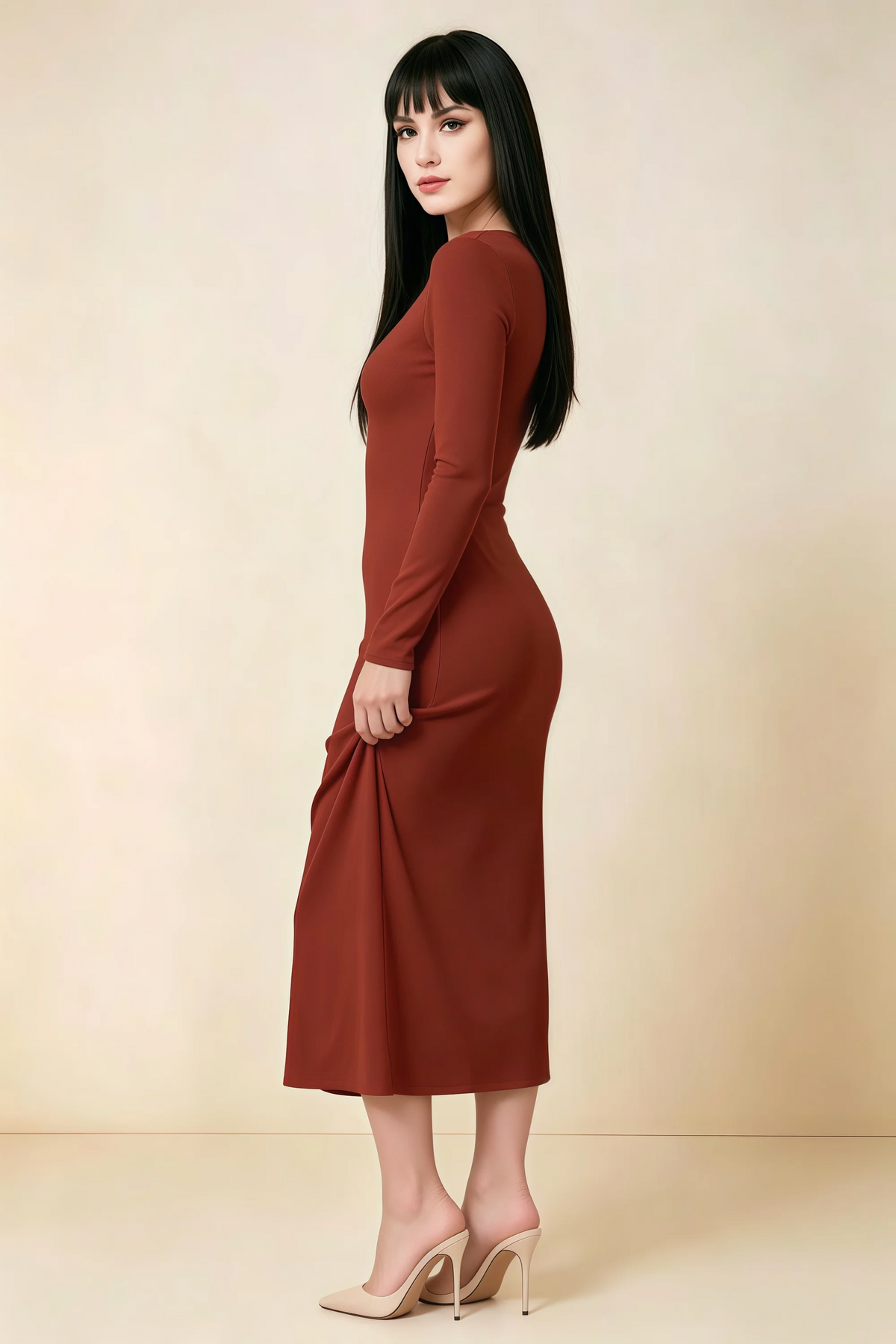 Antoinette Rust Square Neck Long Sleeve Bodycon Midi Dress