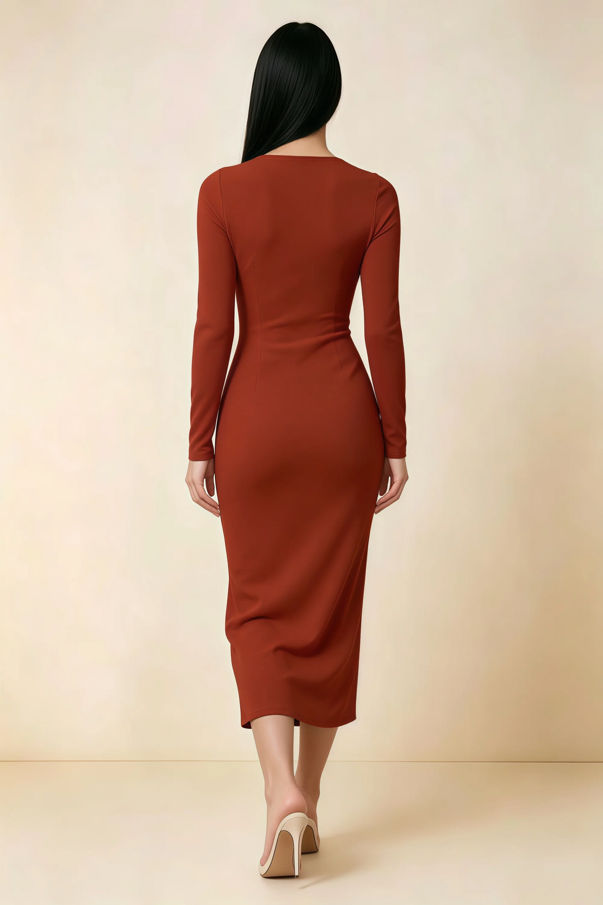 Antoinette Rust Square Neck Long Sleeve Bodycon Midi Dress