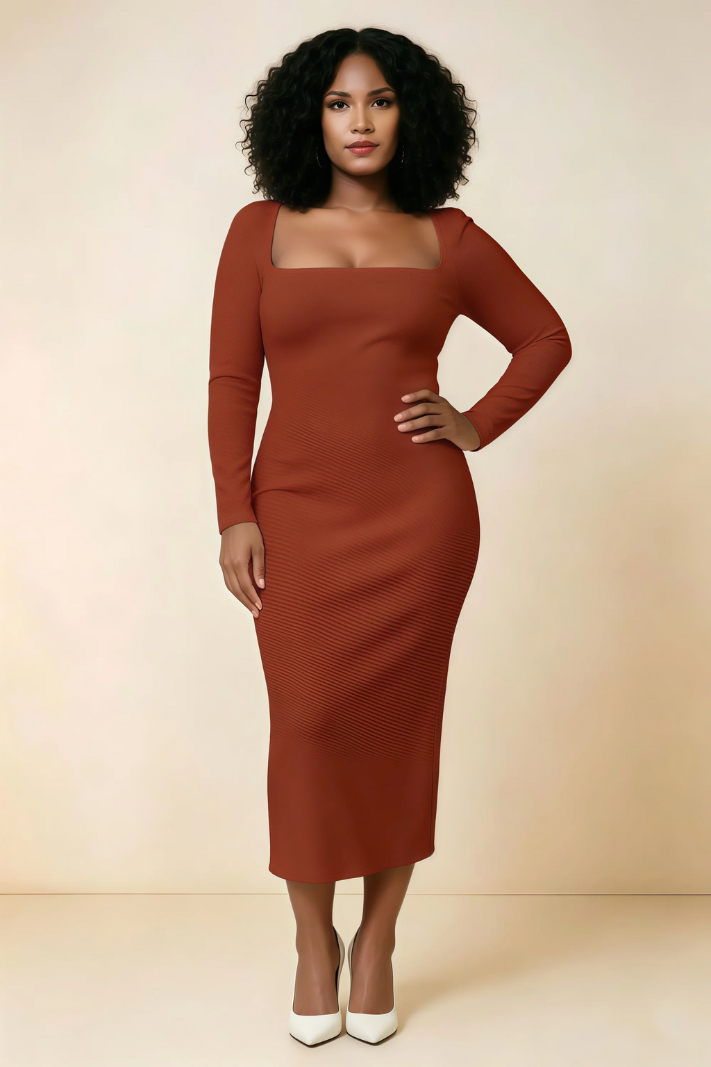 Antoinette Rust Square Neck Long Sleeve Bodycon Midi Dress