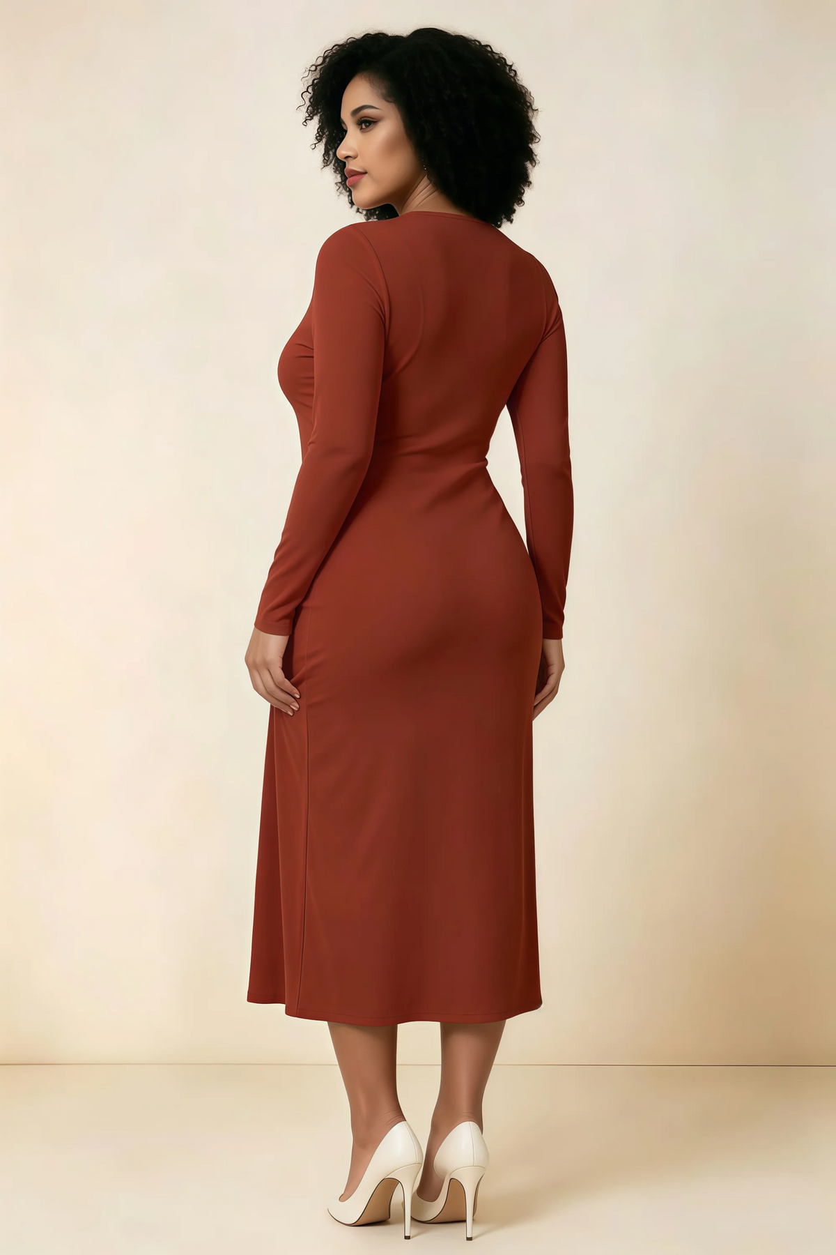 Antoinette Rust Square Neck Long Sleeve Bodycon Midi Dress
