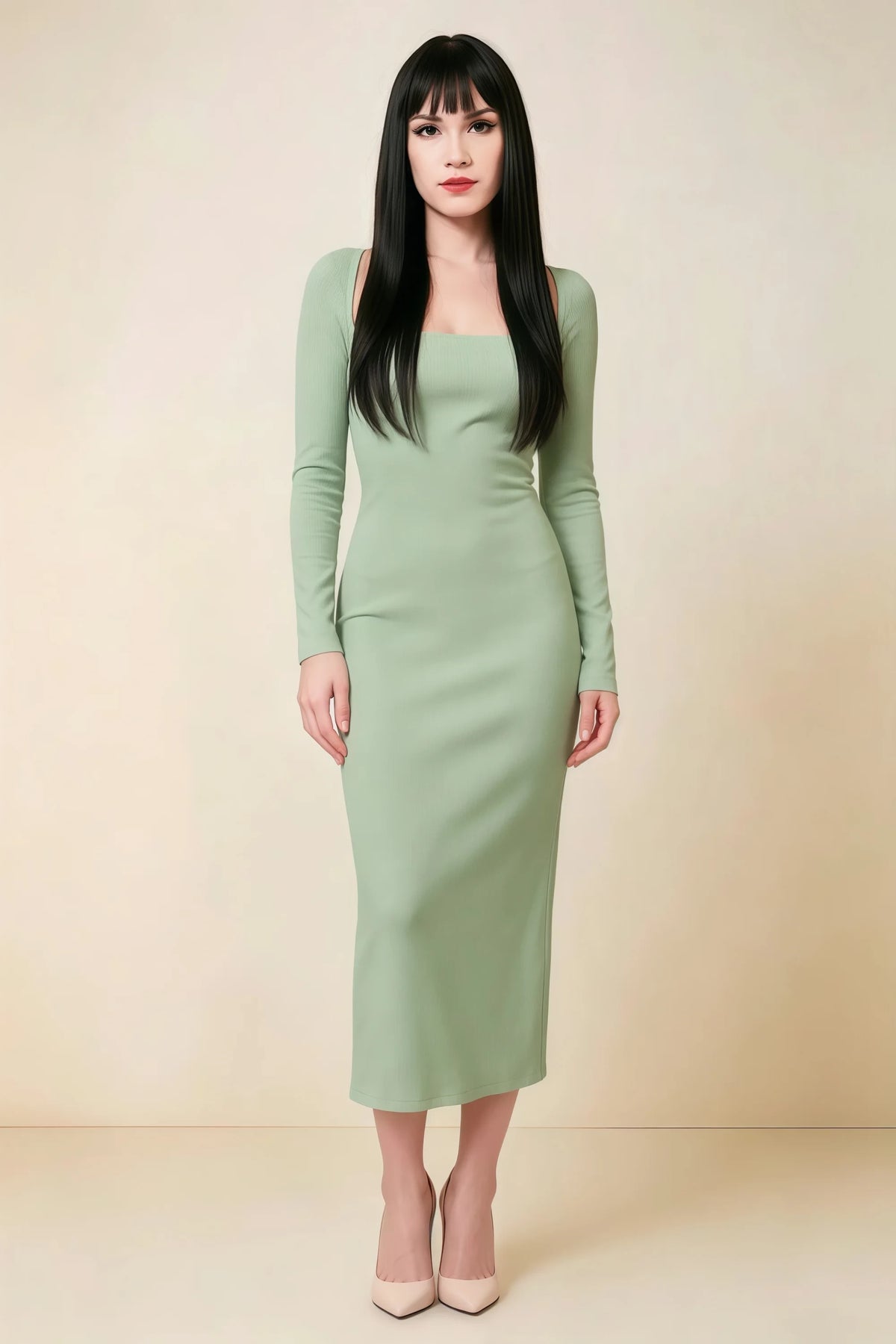 Antoinette Sage Green Square Neck Long Sleeve Bodycon Midi Dress Main image