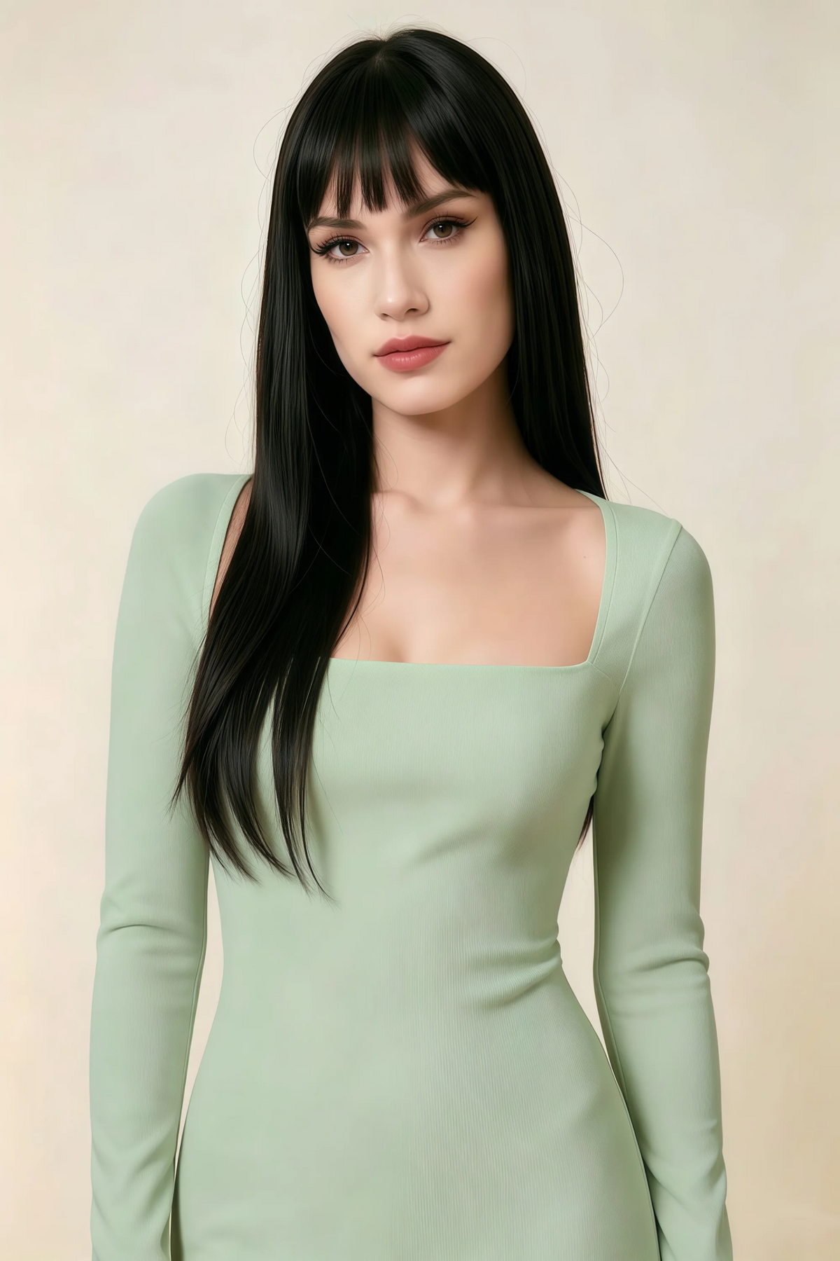 Antoinette Sage Green Square Neck Long Sleeve Bodycon Midi Dress