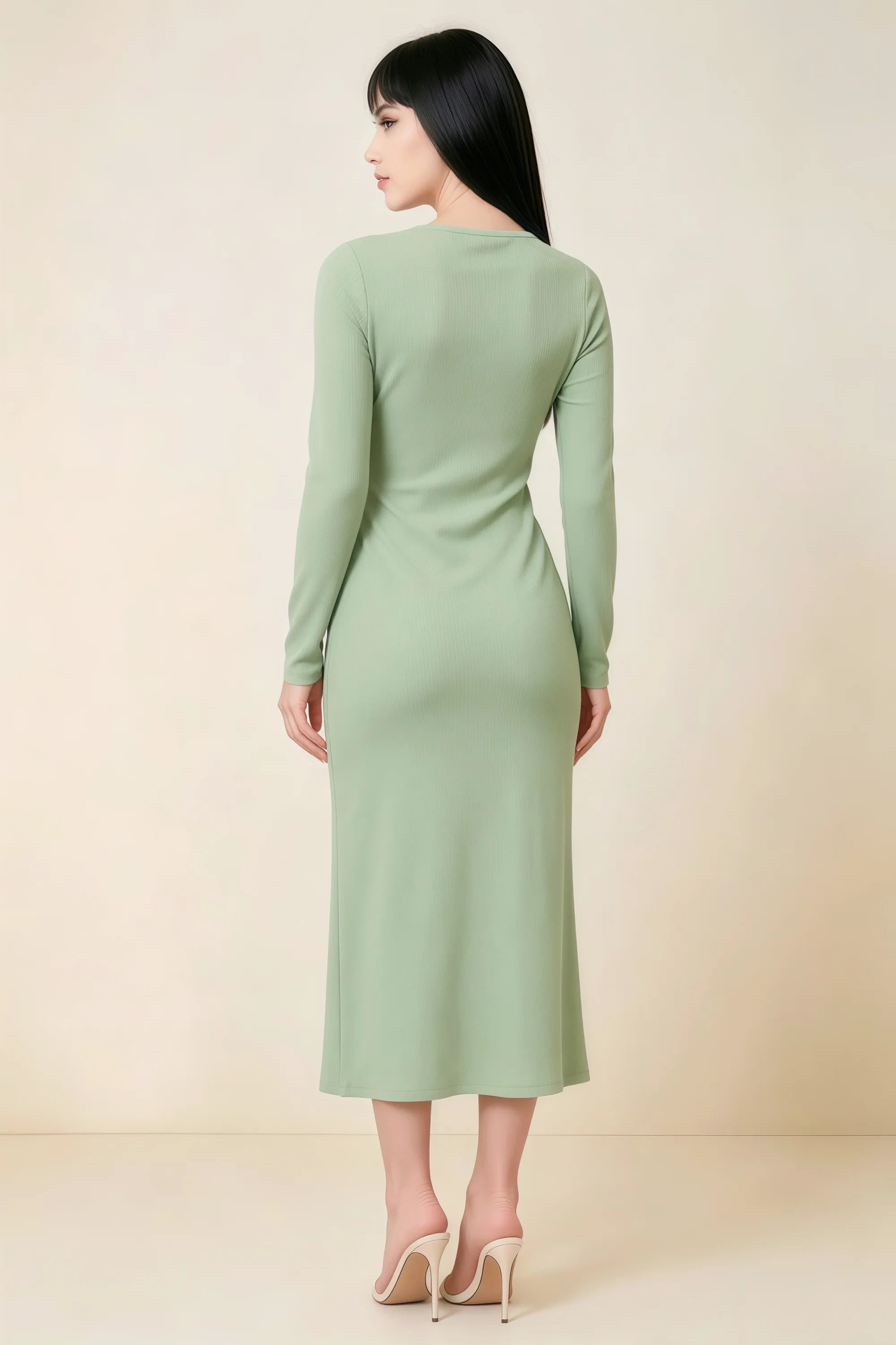 Antoinette Sage Green Square Neck Long Sleeve Bodycon Midi Dress Secondary image