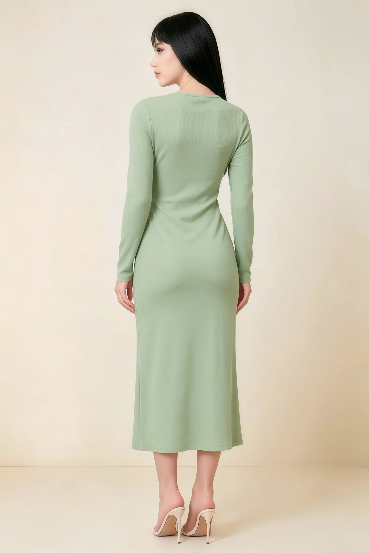 Antoinette Sage Green Square Neck Long Sleeve Bodycon Midi Dress