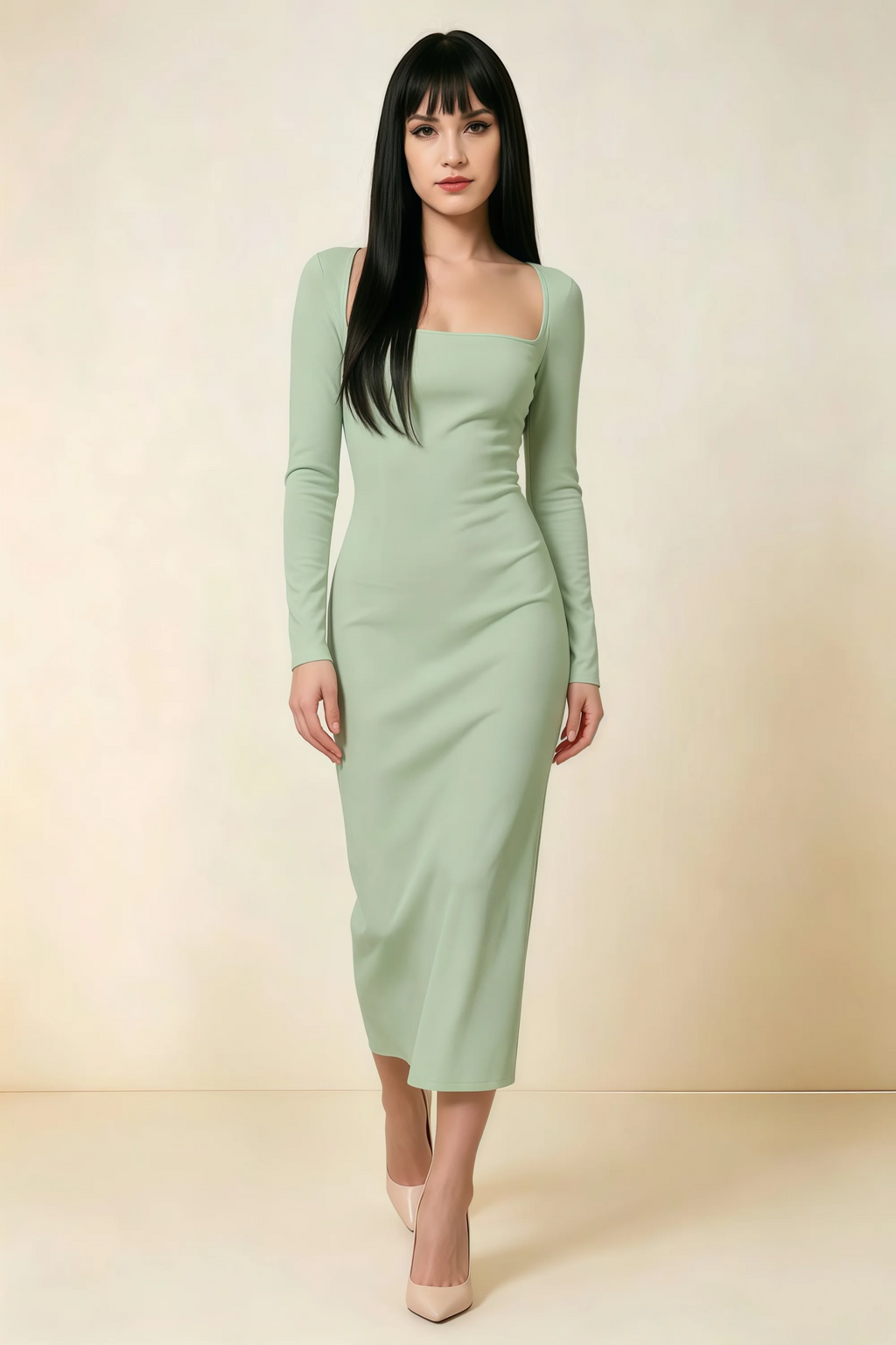 Antoinette Sage Green Square Neck Long Sleeve Bodycon Midi Dress