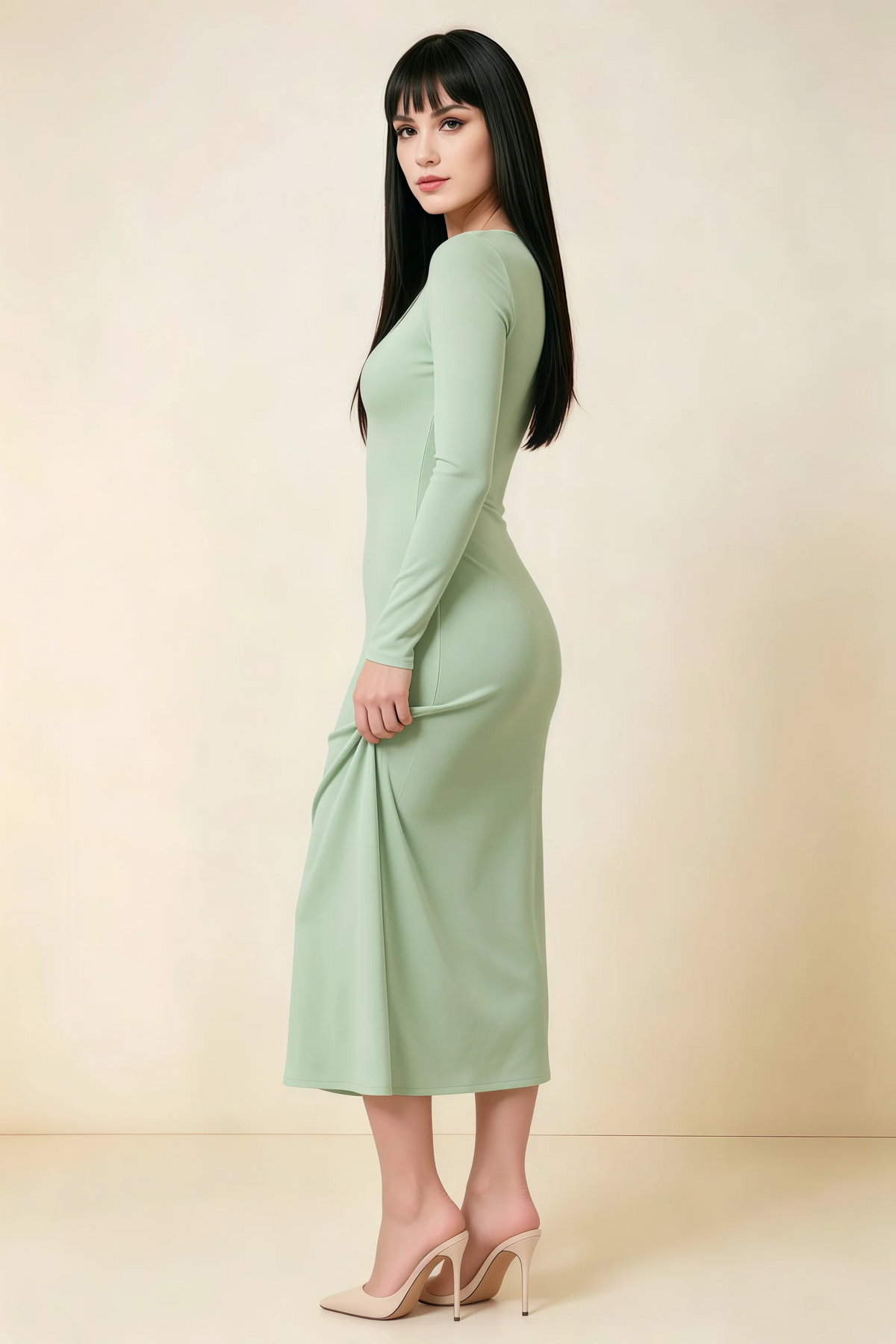 Antoinette Sage Green Square Neck Long Sleeve Bodycon Midi Dress