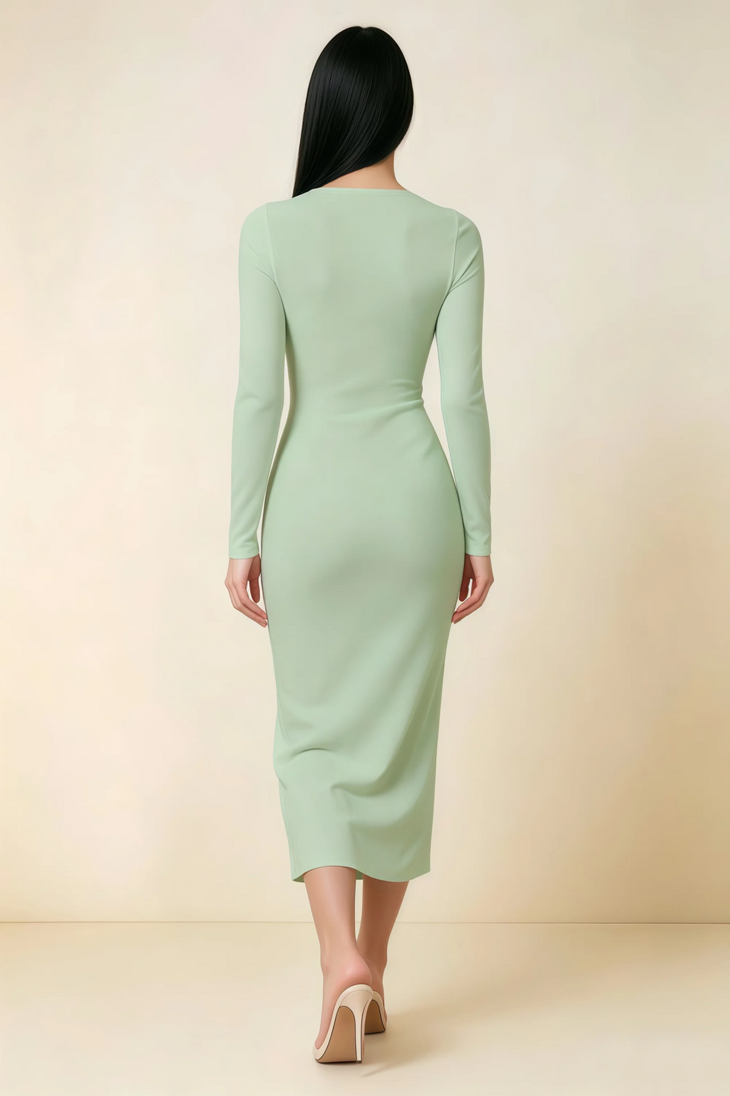 Antoinette Sage Green Square Neck Long Sleeve Bodycon Midi Dress
