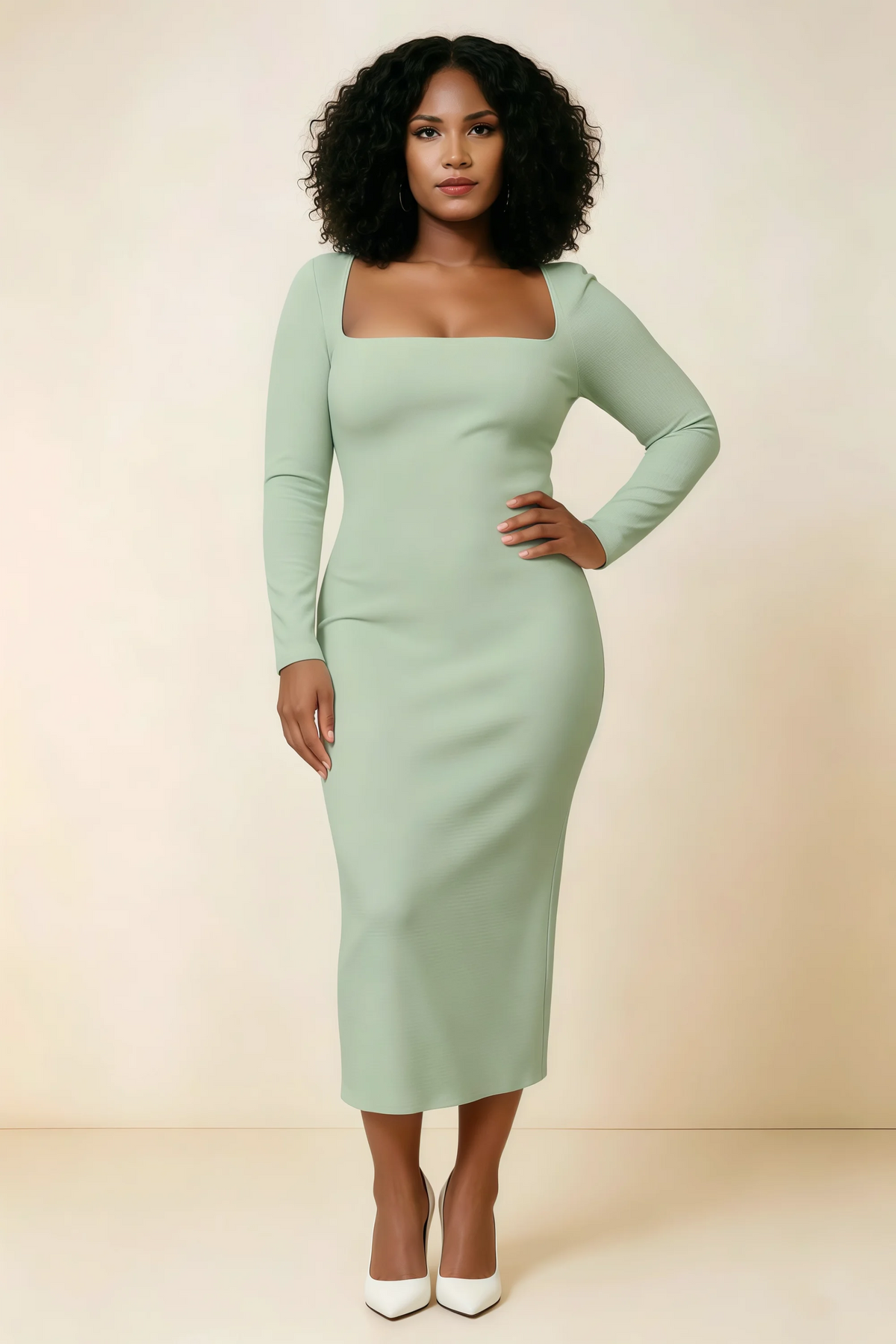 Antoinette Sage Green Square Neck Long Sleeve Bodycon Midi Dress