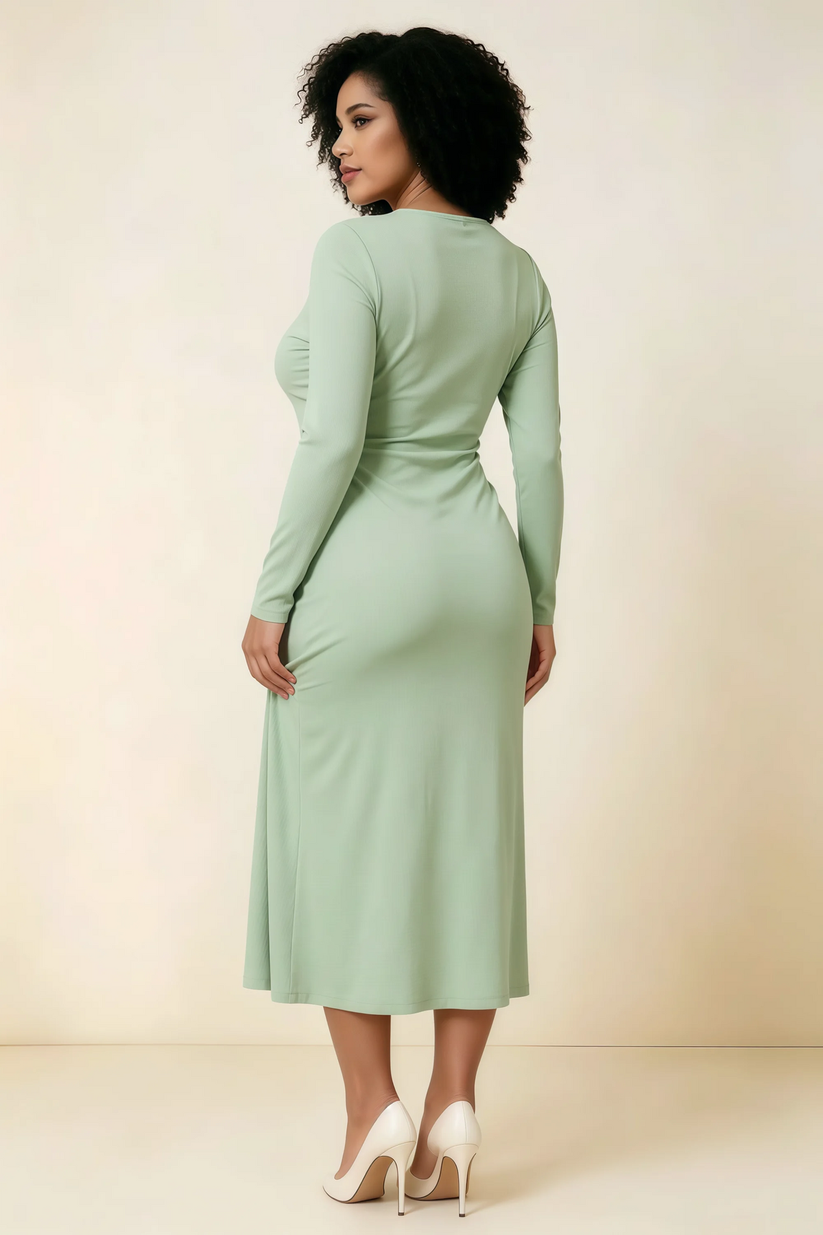 Antoinette Sage Green Square Neck Long Sleeve Bodycon Midi Dress