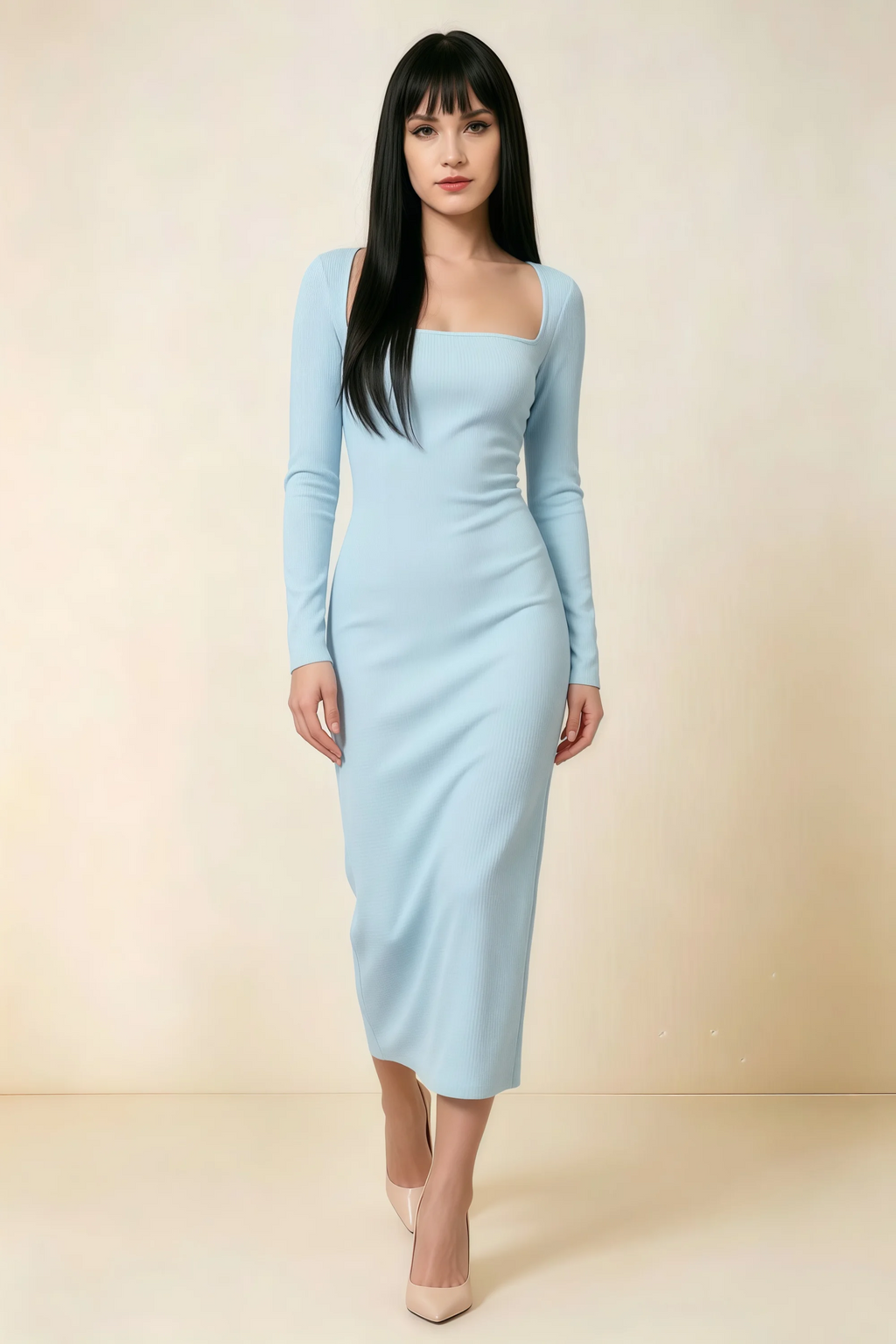 Antoinette Sky Blue Square Neck Long Sleeve Bodycon Midi Dress