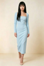 Antoinette Sky Blue Square Neck Long Sleeve Bodycon Midi Dress