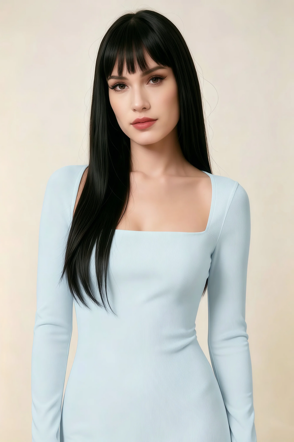 Antoinette Sky Blue Square Neck Long Sleeve Bodycon Midi Dress