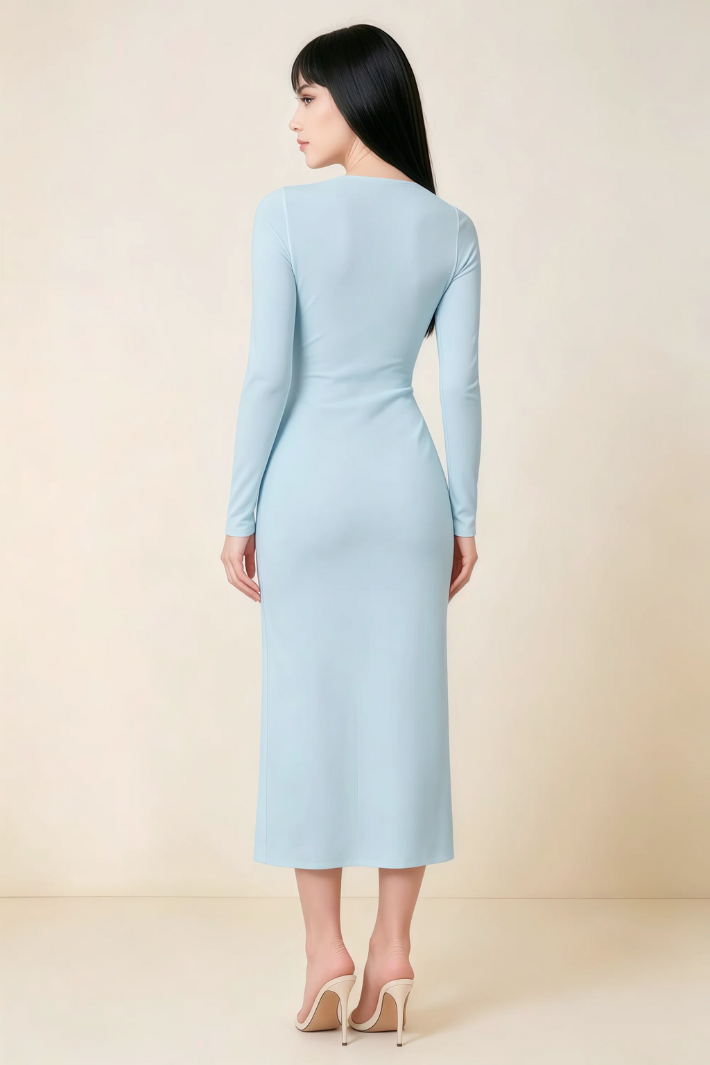 Antoinette Sky Blue Square Neck Long Sleeve Bodycon Midi Dress