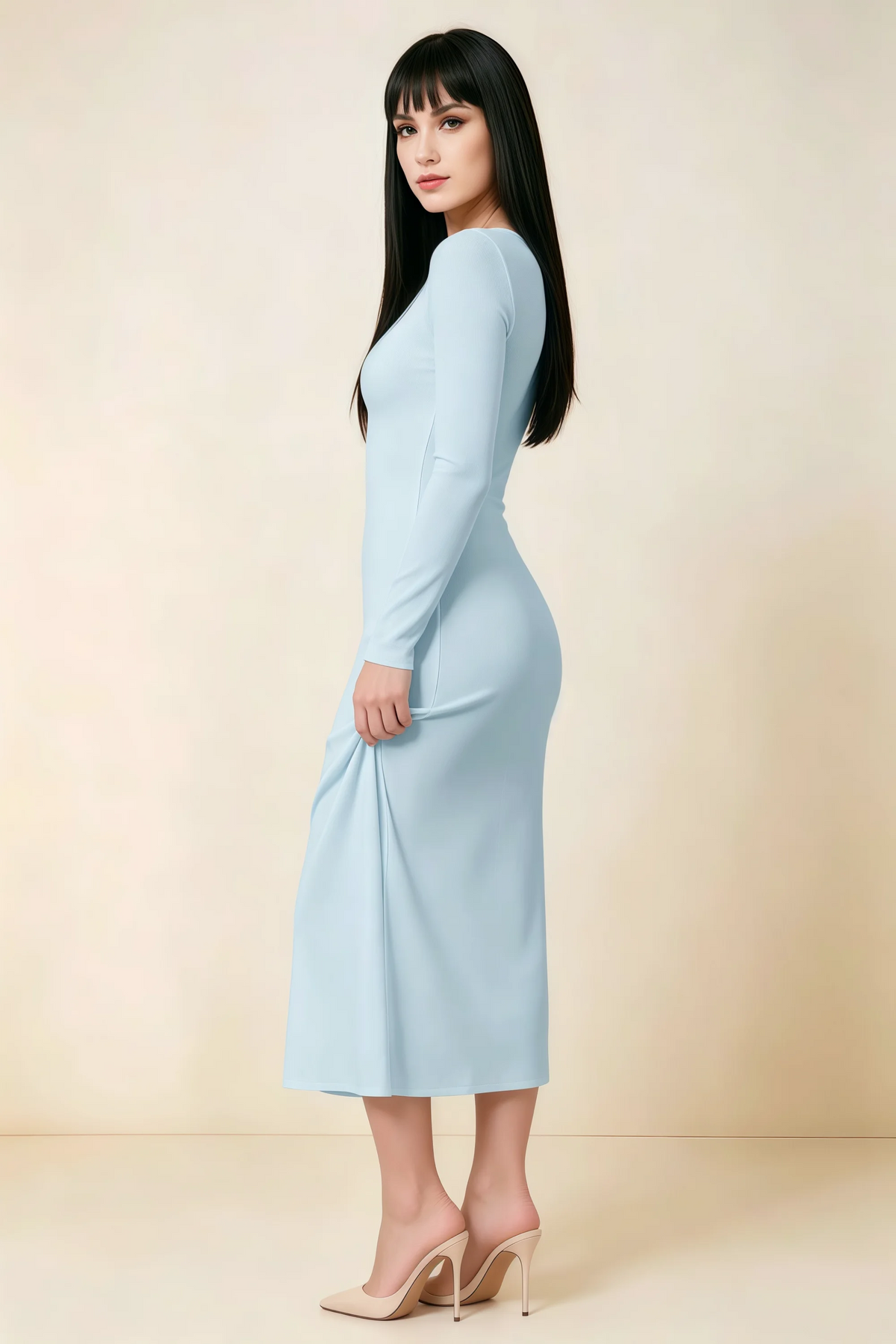 Antoinette Sky Blue Square Neck Long Sleeve Bodycon Midi Dress