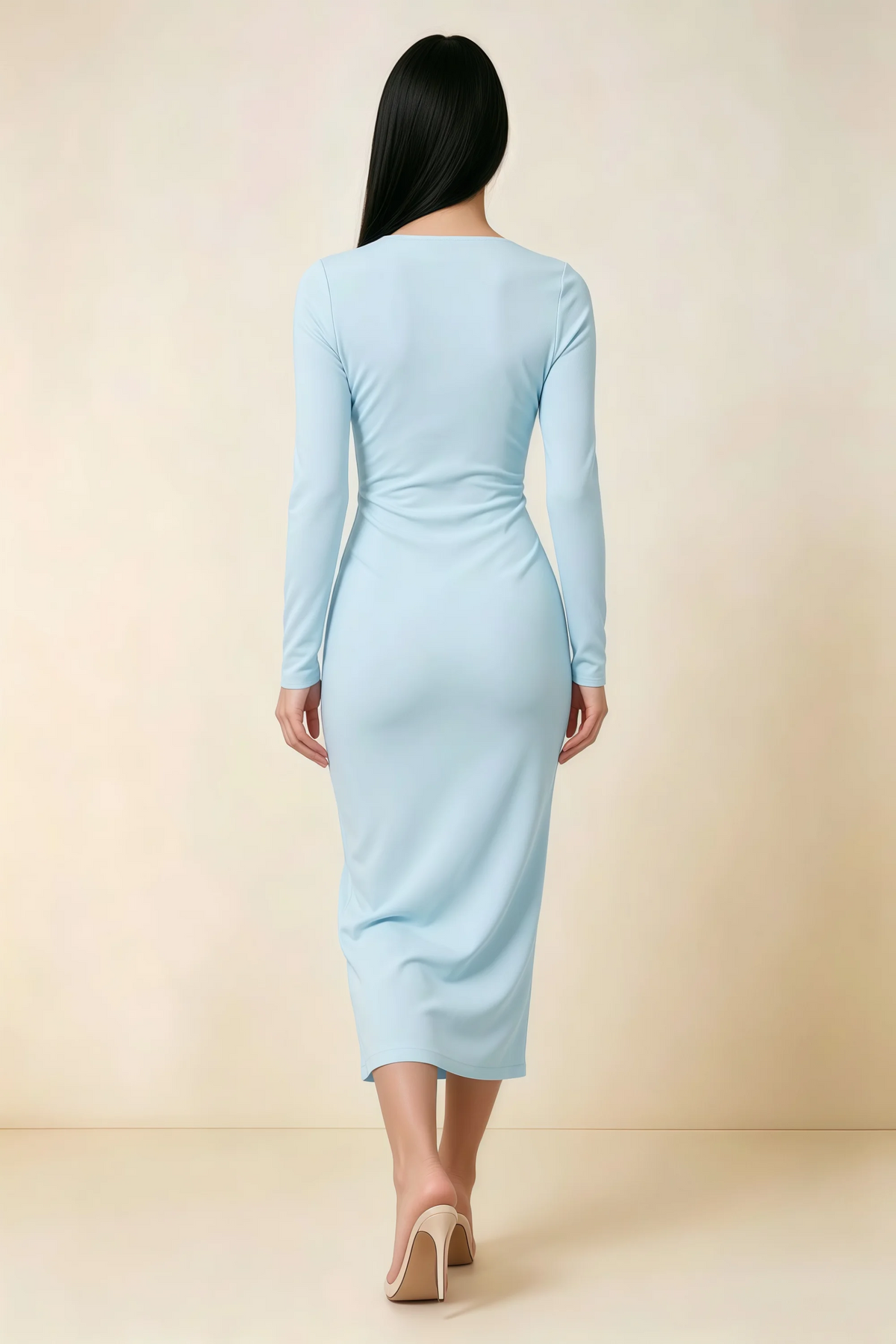 Antoinette Sky Blue Square Neck Long Sleeve Bodycon Midi Dress