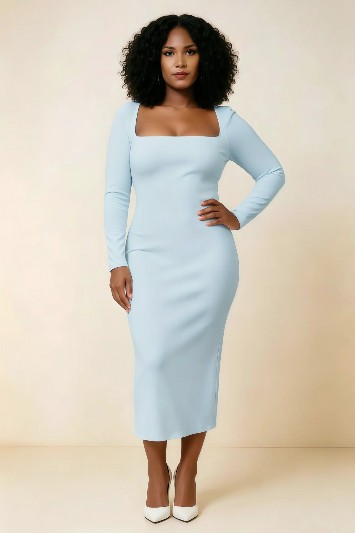 Antoinette Sky Blue Square Neck Long Sleeve Bodycon Midi Dress