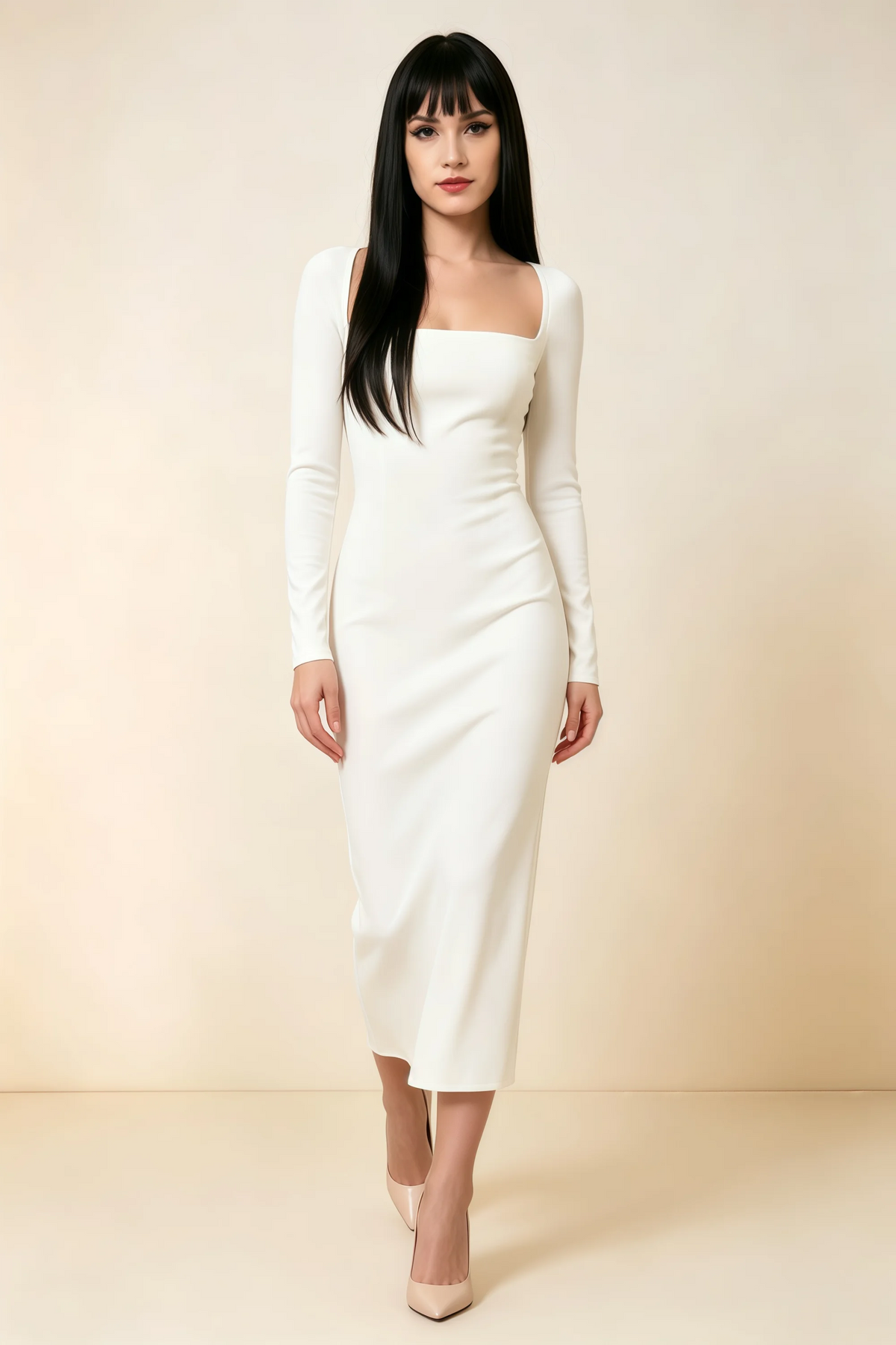 Antoinette White Square Neck Long Sleeve Bodycon Midi Dress
