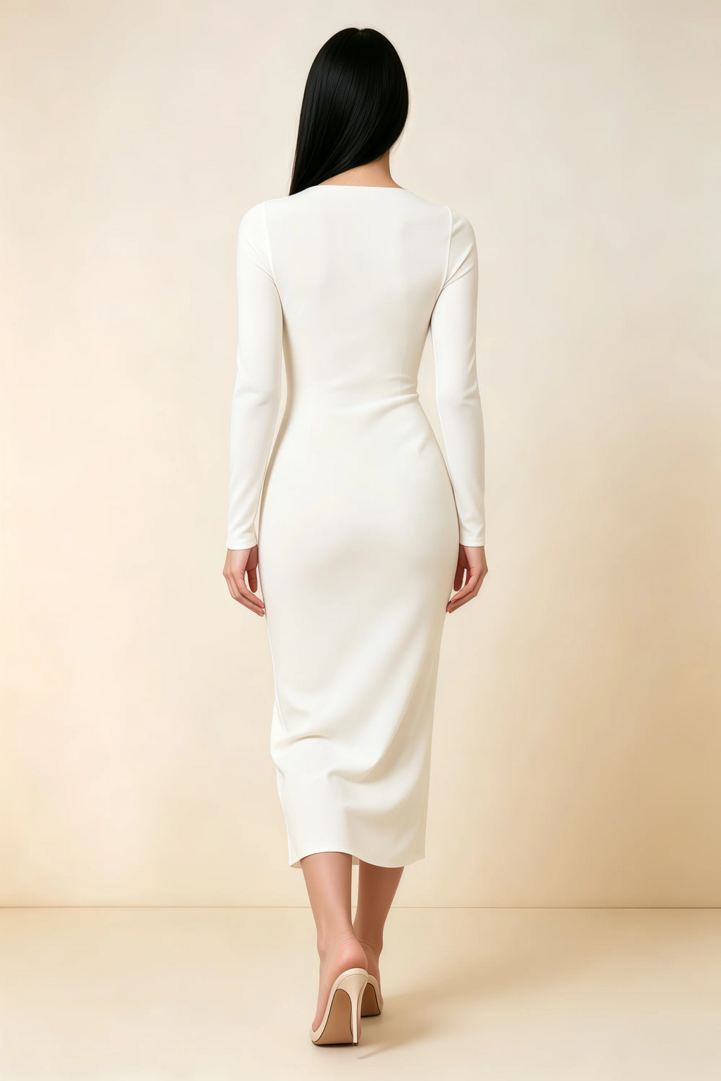 Antoinette White Square Neck Long Sleeve Bodycon Midi Dress
