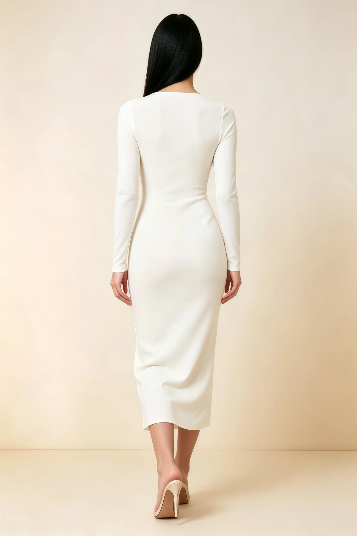 Antoinette White Square Neck Long Sleeve Bodycon Midi Dress
