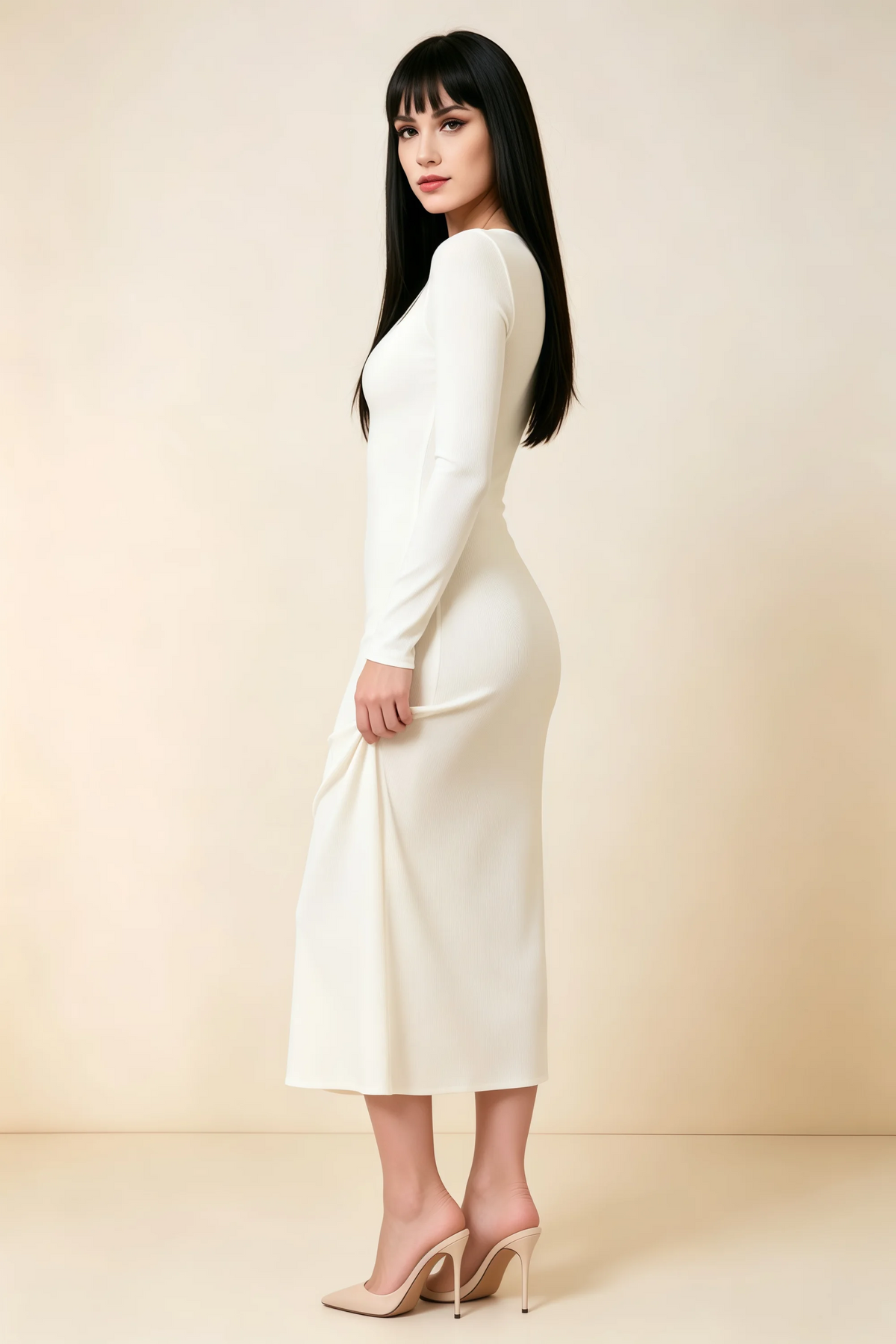 Antoinette White Square Neck Long Sleeve Bodycon Midi Dress