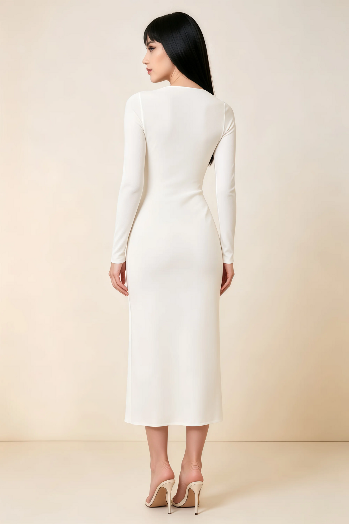 Antoinette White Square Neck Long Sleeve Bodycon Midi Dress