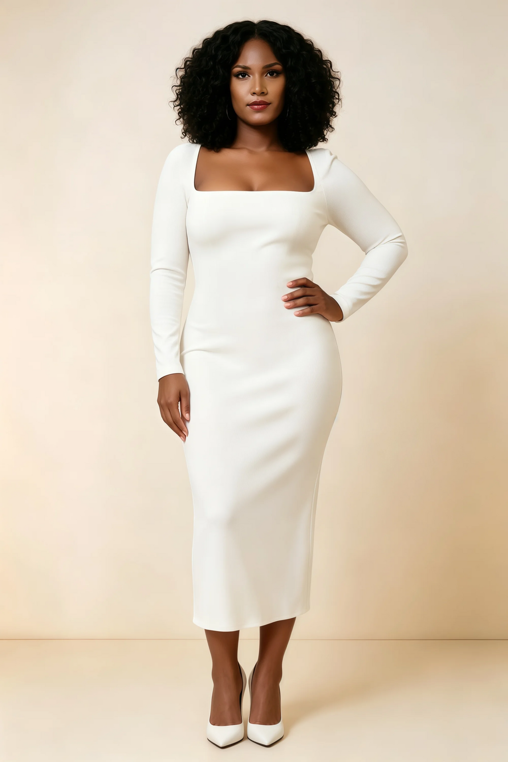 Antoinette White Square Neck Long Sleeve Bodycon Midi Dress