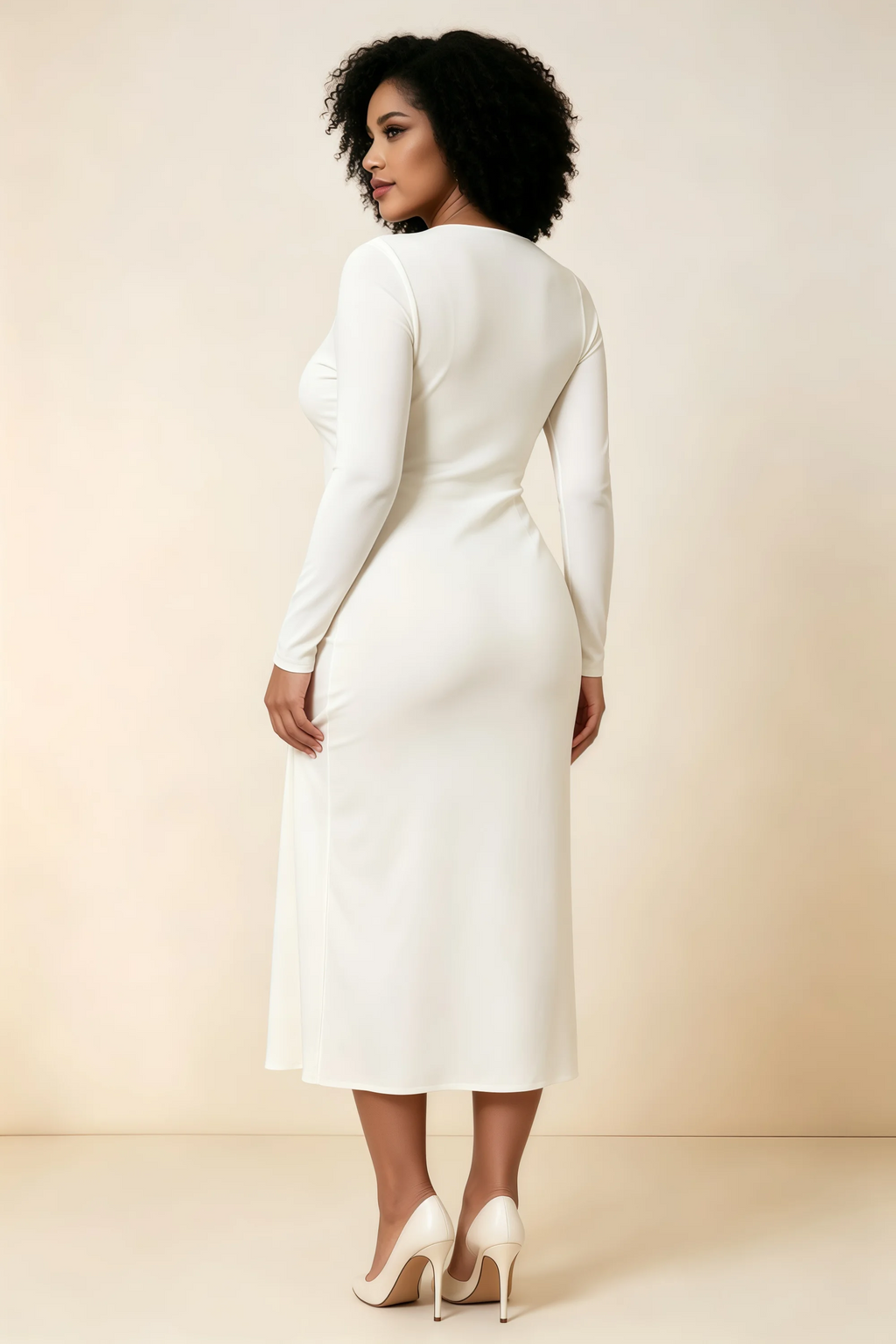 Antoinette White Square Neck Long Sleeve Bodycon Midi Dress