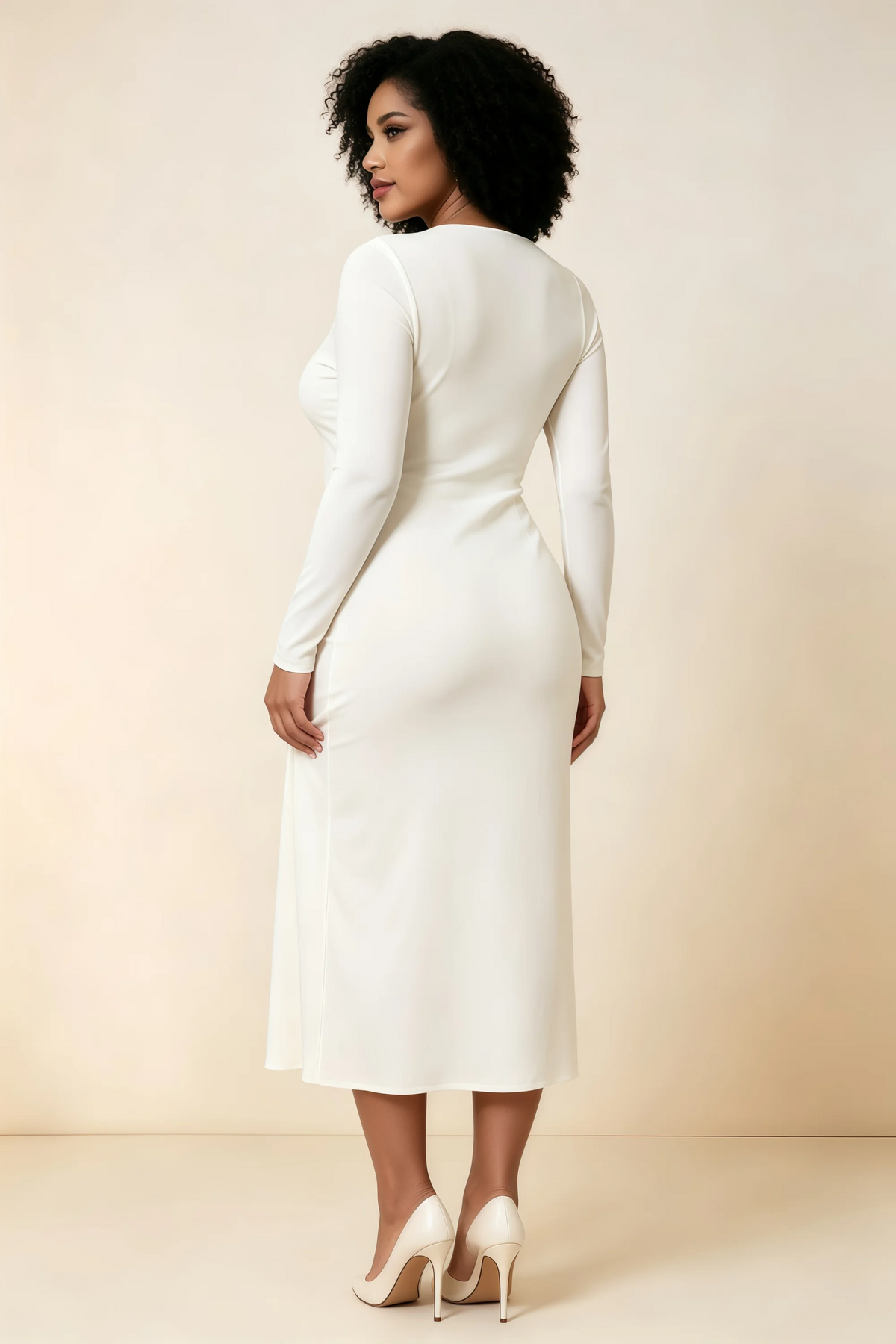 Antoinette White Square Neck Long Sleeve Bodycon Midi Dress