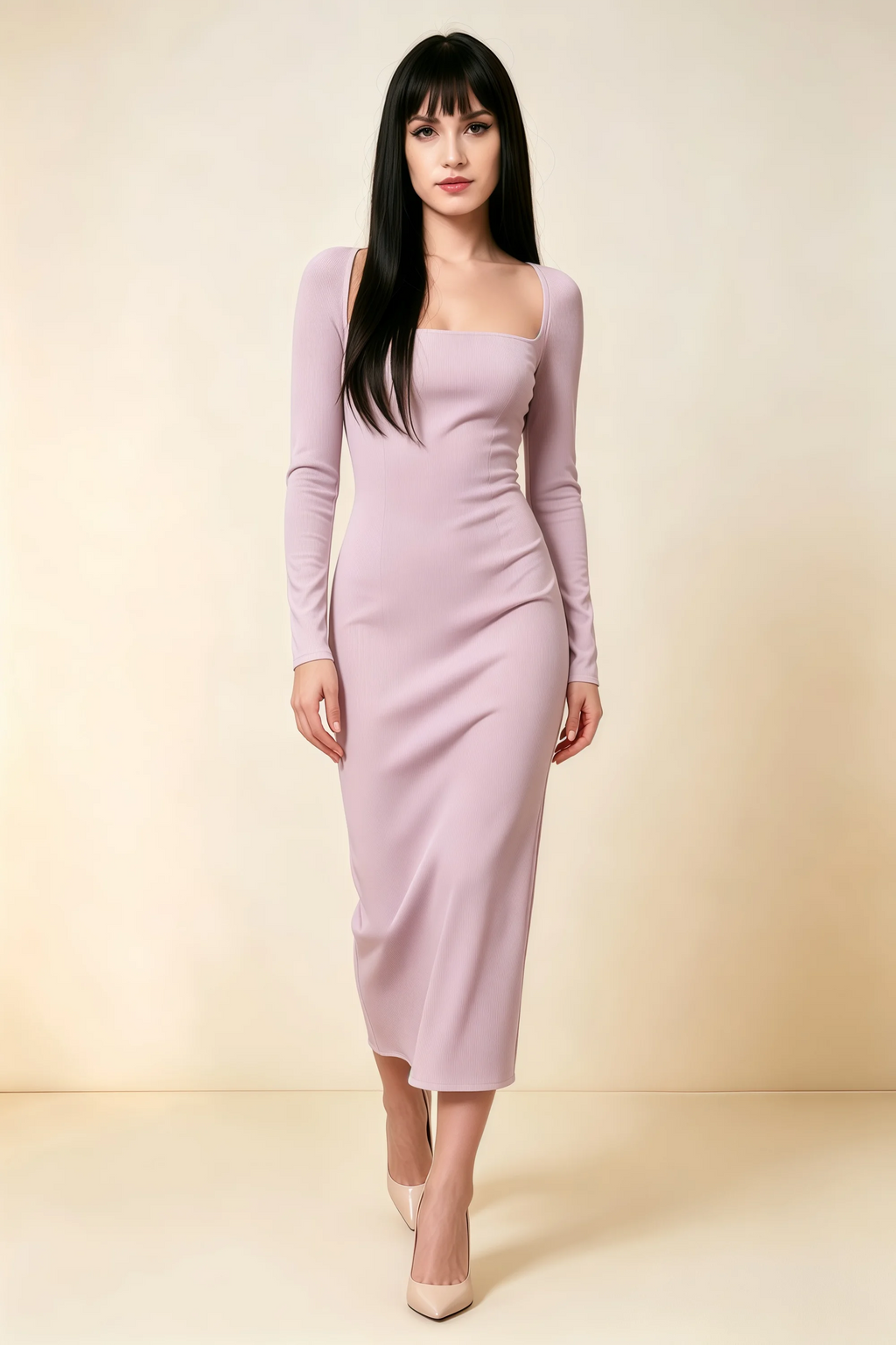 Antoinette Wisteria Square Neck Long Sleeve Bodycon Midi Dress